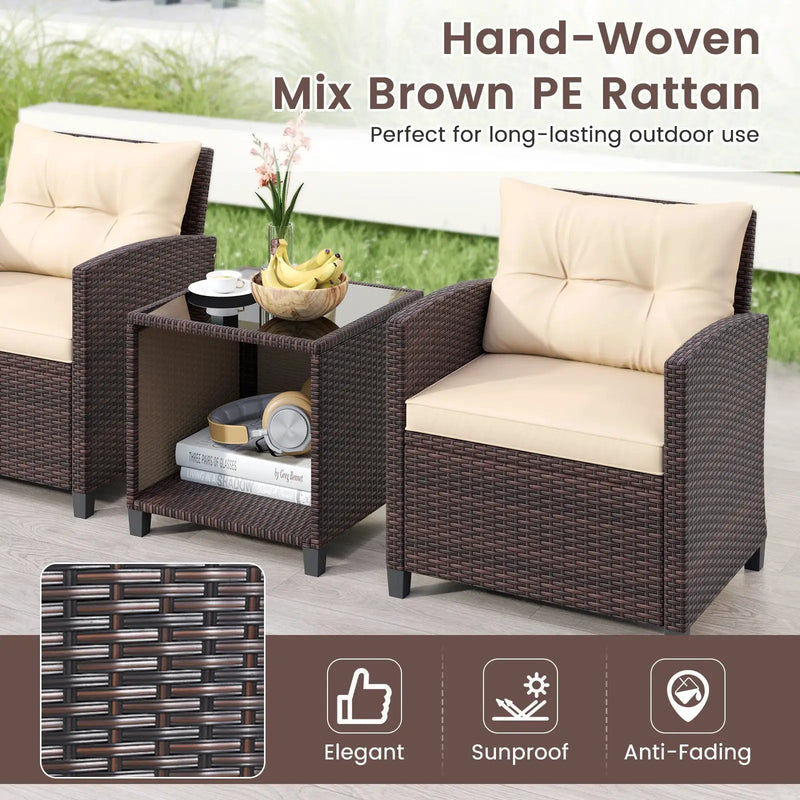 3 Piece Patio Sofa Set Wicker Chairs and Coffee Table with Storage-Beige by DirectDeals