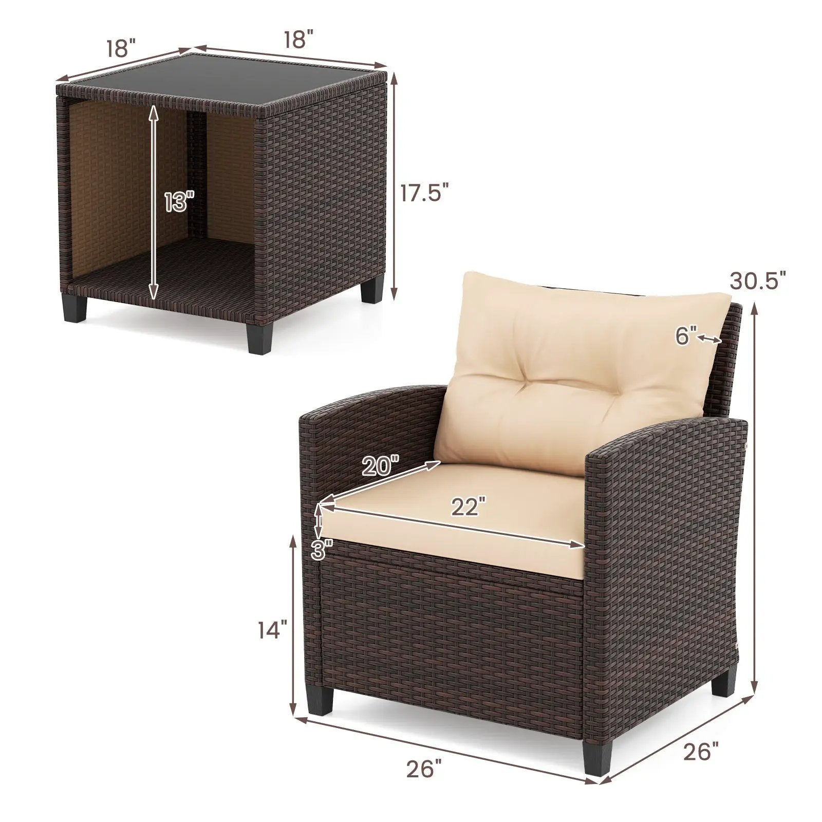 3 Piece Patio Sofa Set Wicker Chairs and Coffee Table with Storage-Beige by DirectDeals