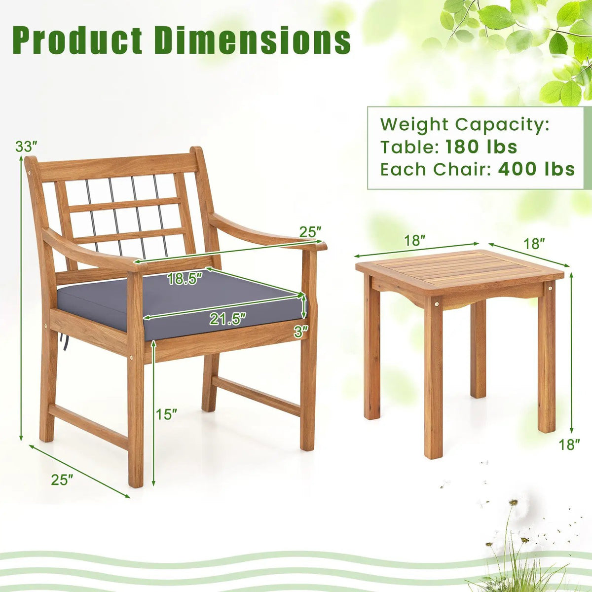 3 Piece Wood Patio Furniture Set with Seat Cushions and Acacia Wood Frame by DirectDeals