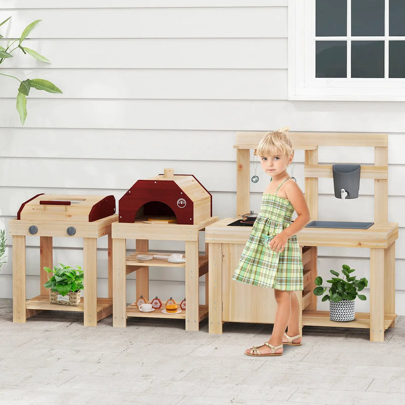 3-Piece Outdoor Kitchen Set Mud Kitchen with Separate BBQ Grill and Pizza Oven-Natural by DirectDeals