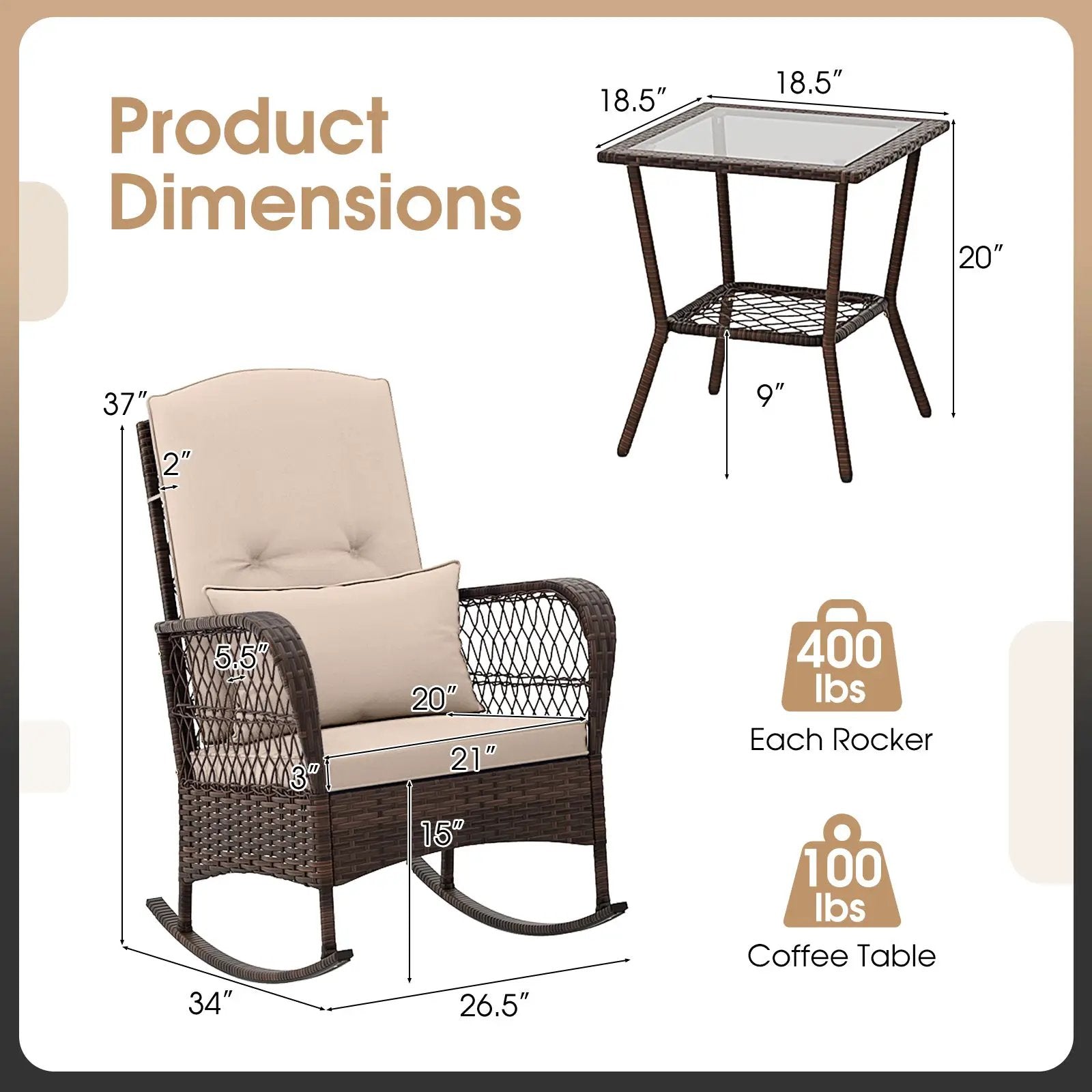 3 Pieces Rocking Bistro Set with 2-Tier Coffee Table by DirectDeals