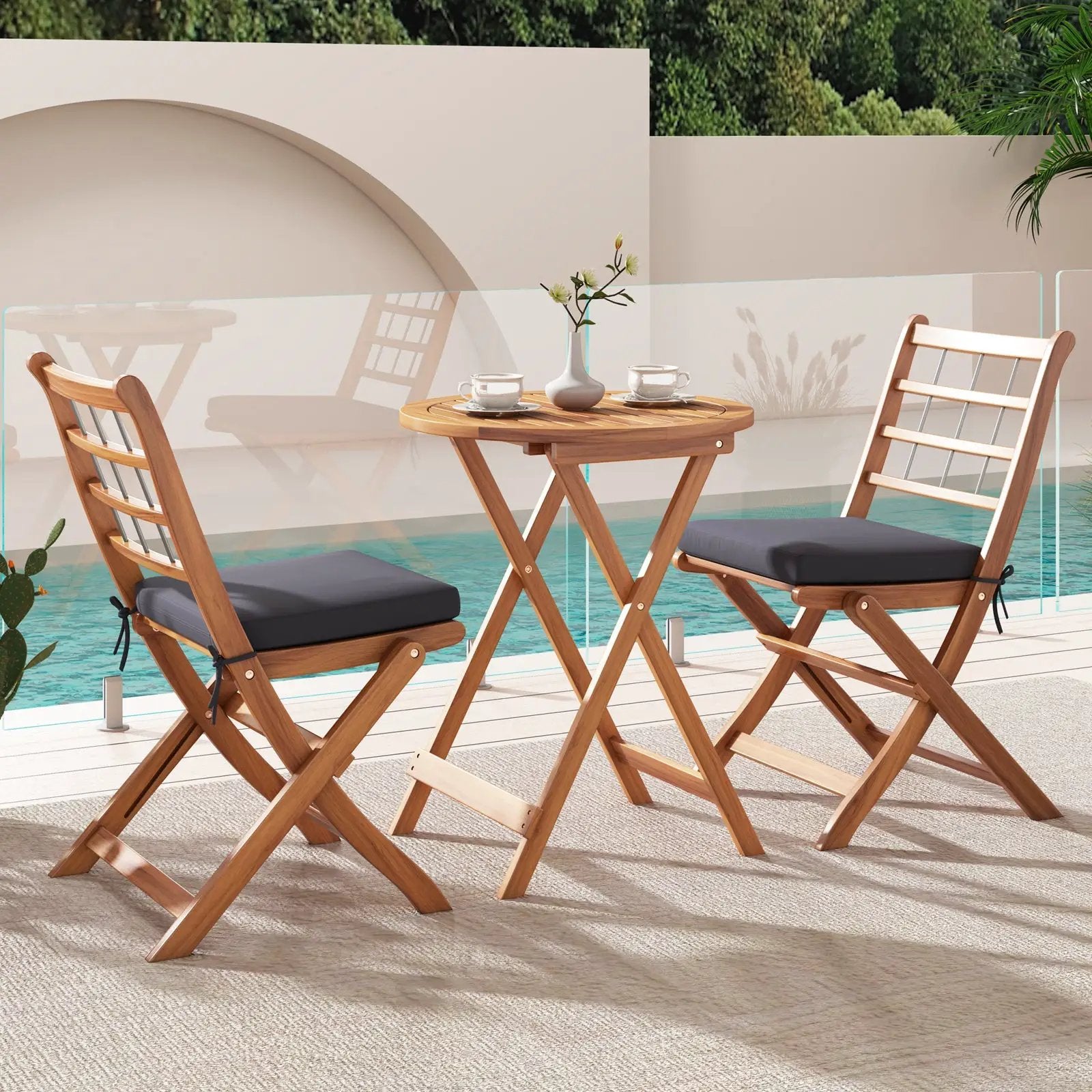 3 Pieces Acacia Wood Patio Bistro Set with Cushions by DirectDeals