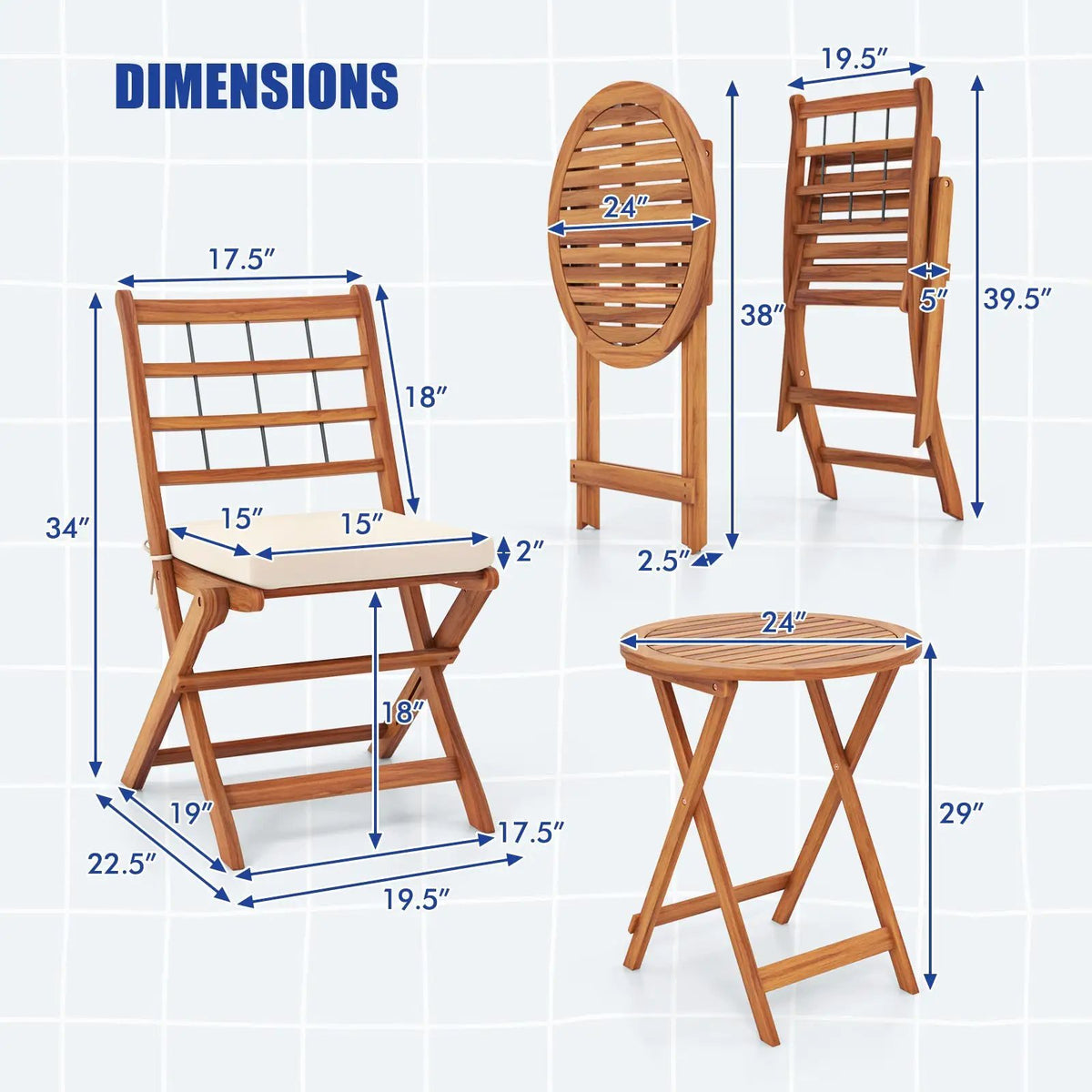 3 Pieces Acacia Wood Patio Bistro Set with Cushions by DirectDeals