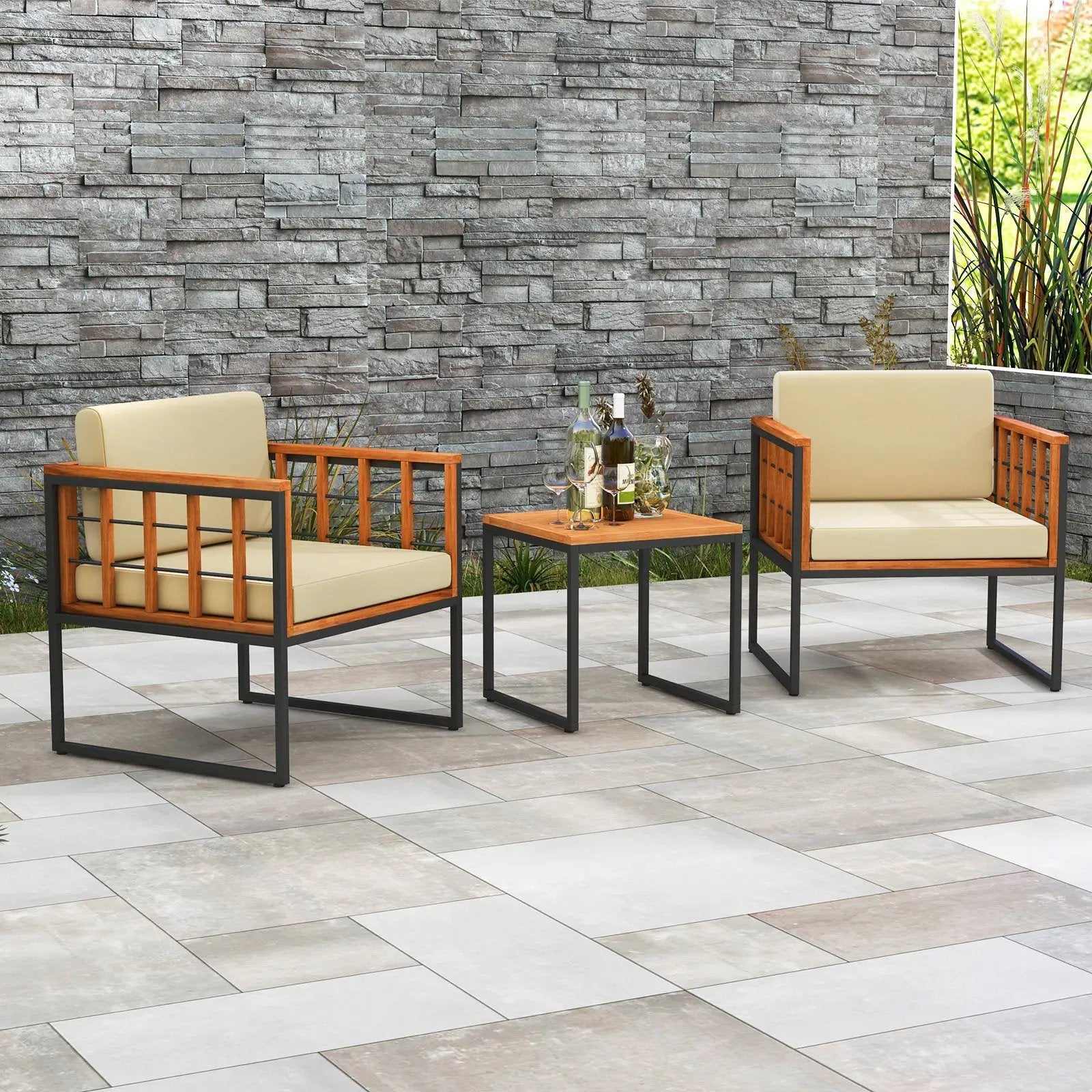 3 Pieces Patio Chair Set Acacia Wood Outdoor Sofa Set with Soft Cushions-Beige by DirectDeals