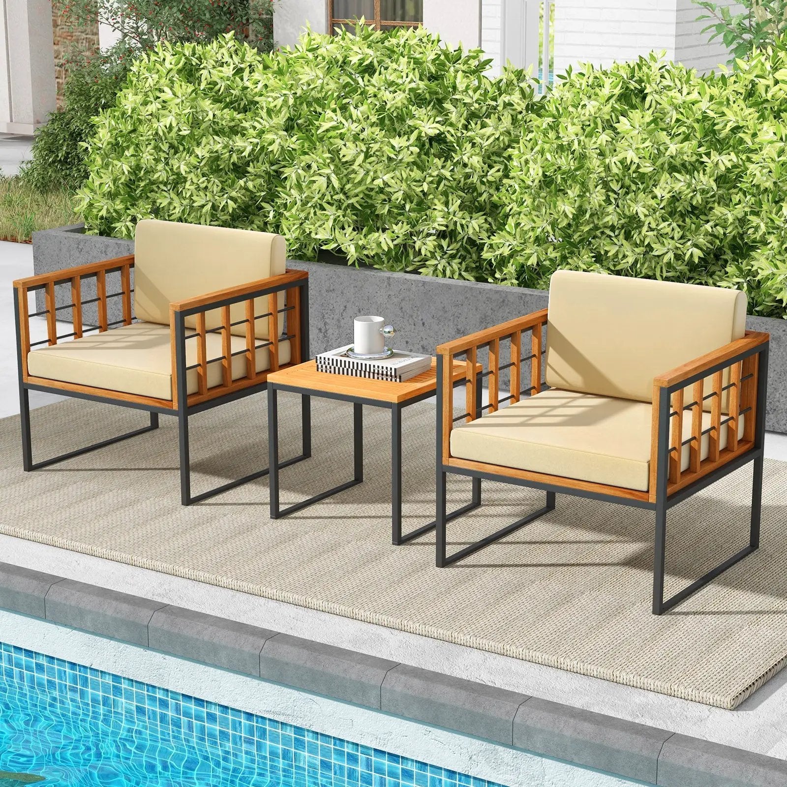 3 Pieces Patio Chair Set Acacia Wood Outdoor Sofa Set with Soft Cushions-Beige by DirectDeals