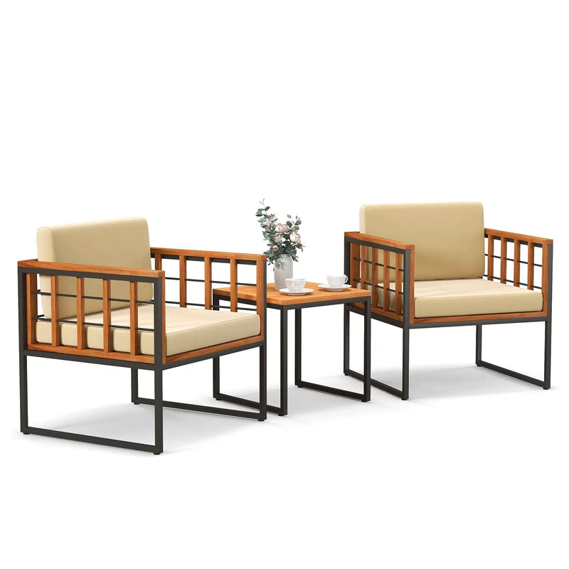3 Pieces Patio Chair Set Acacia Wood Outdoor Sofa Set with Soft Cushions-Beige by DirectDeals