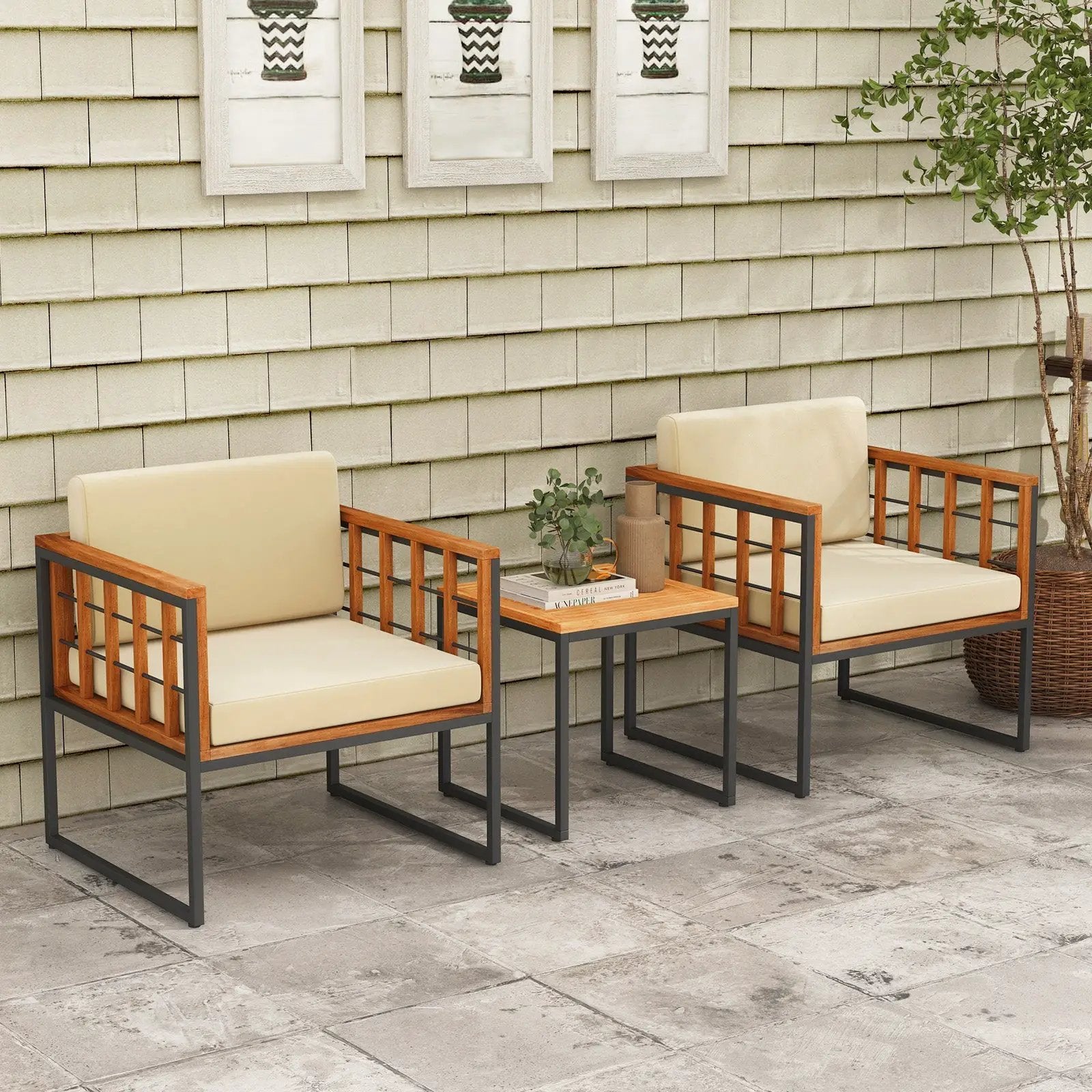 3 Pieces Patio Chair Set Acacia Wood Outdoor Sofa Set with Soft Cushions-Beige by DirectDeals