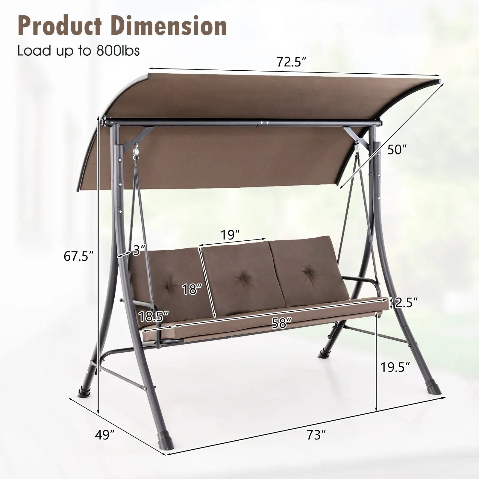 3-Seat Outdoor Porch Swing with Adjustable Canopy and Padded Cushions by DirectDeals