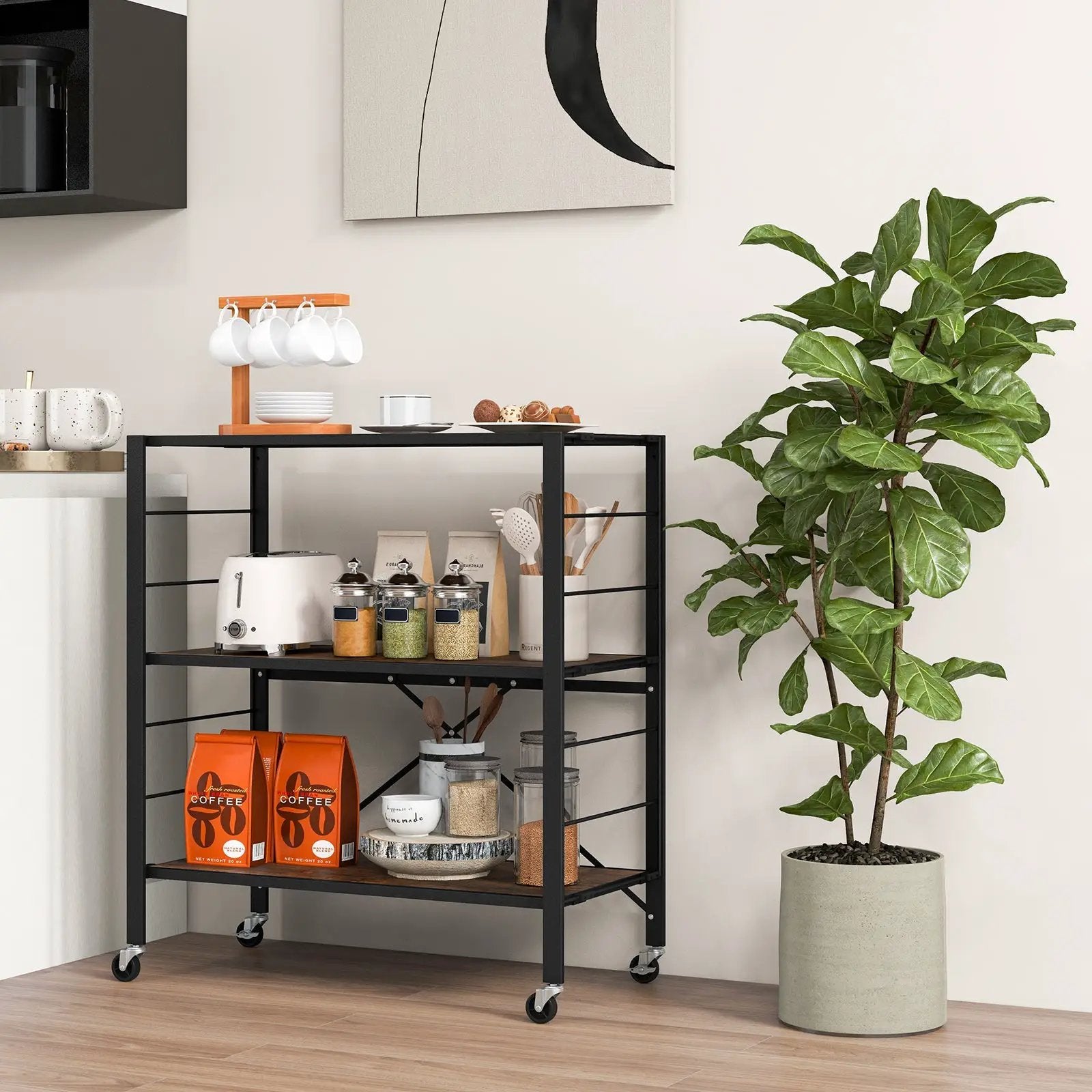 3-Tier Foldable Shelving Unit with Detachable Wheels and Adjustable Shelves by DirectDeals