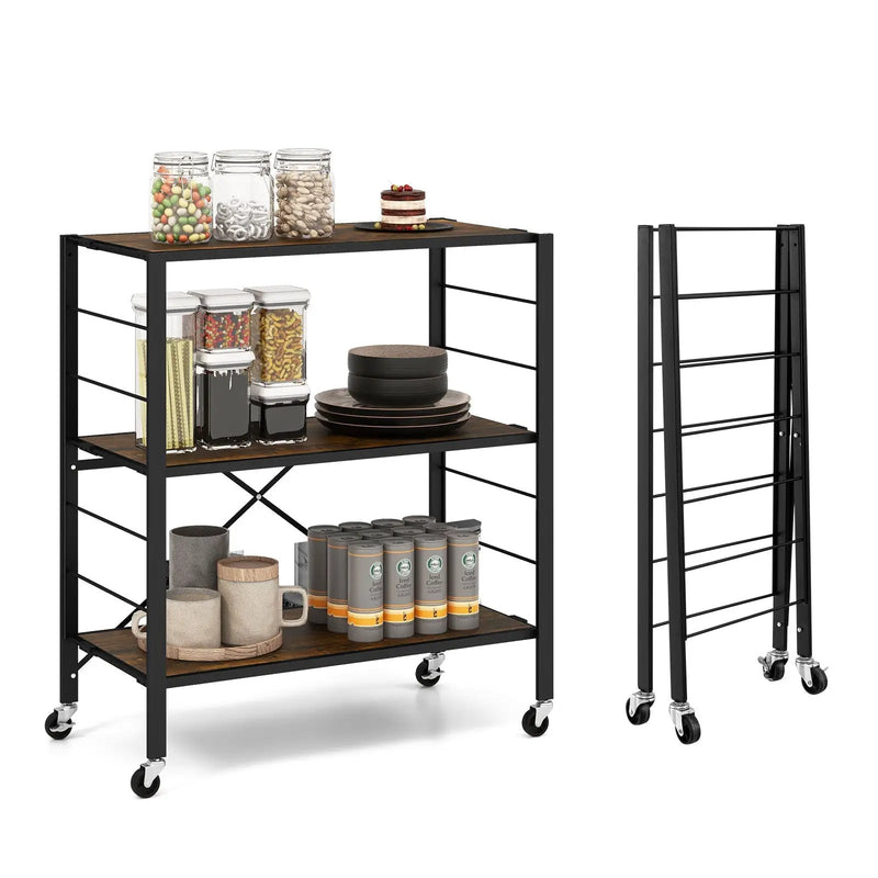 3-Tier Foldable Shelving Unit with Detachable Wheels and Adjustable Shelves by DirectDeals