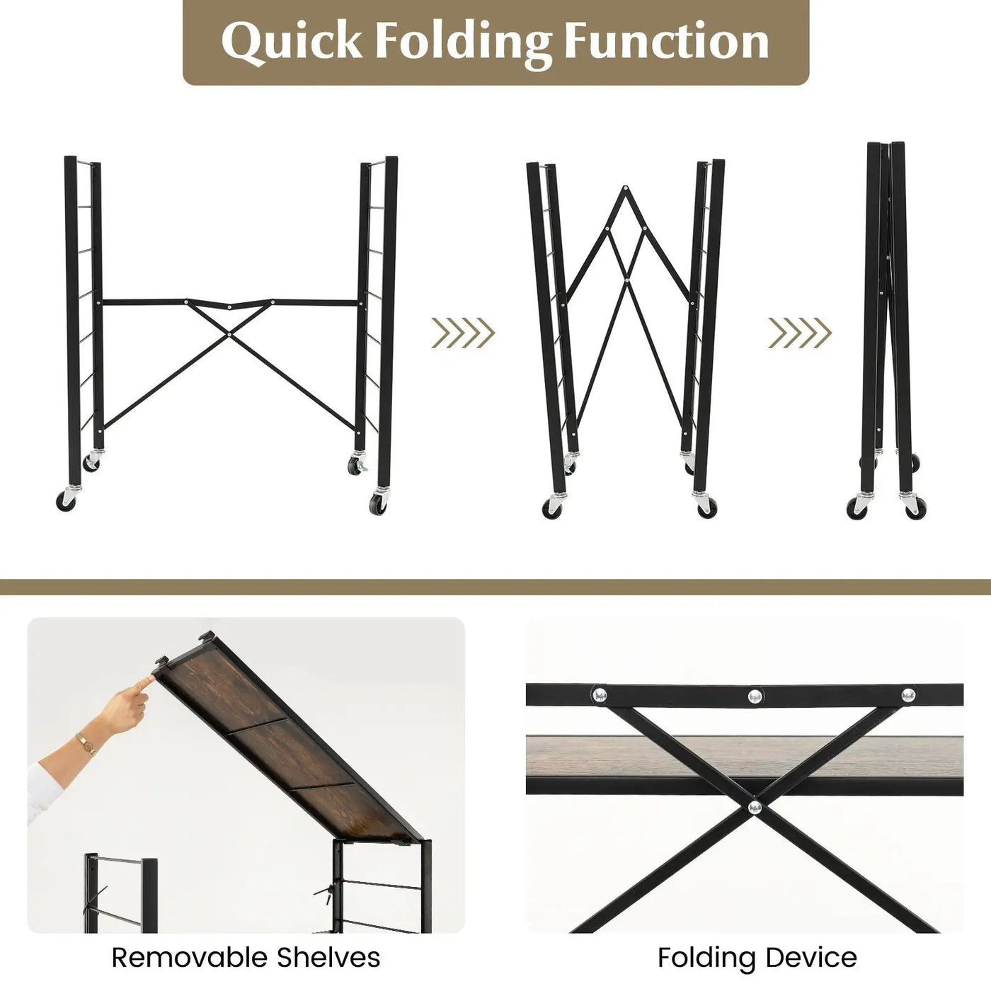 3-Tier Foldable Shelving Unit with Detachable Wheels and Adjustable Shelves by DirectDeals