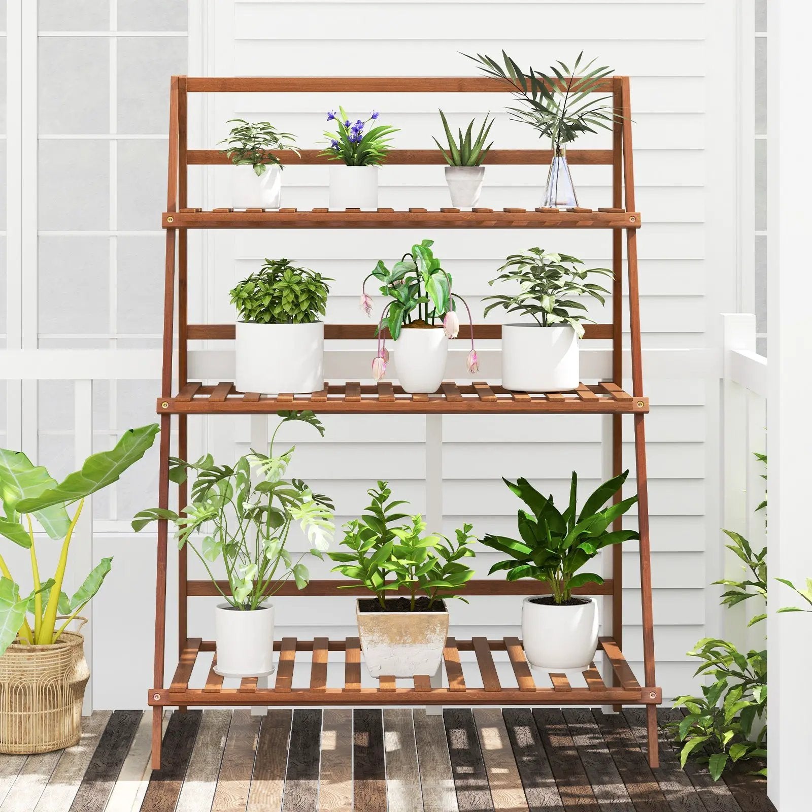 3-Tier Bamboo Ladder Shelf Foldable Plant Flower Bookshelf-Brown by DirectDeals