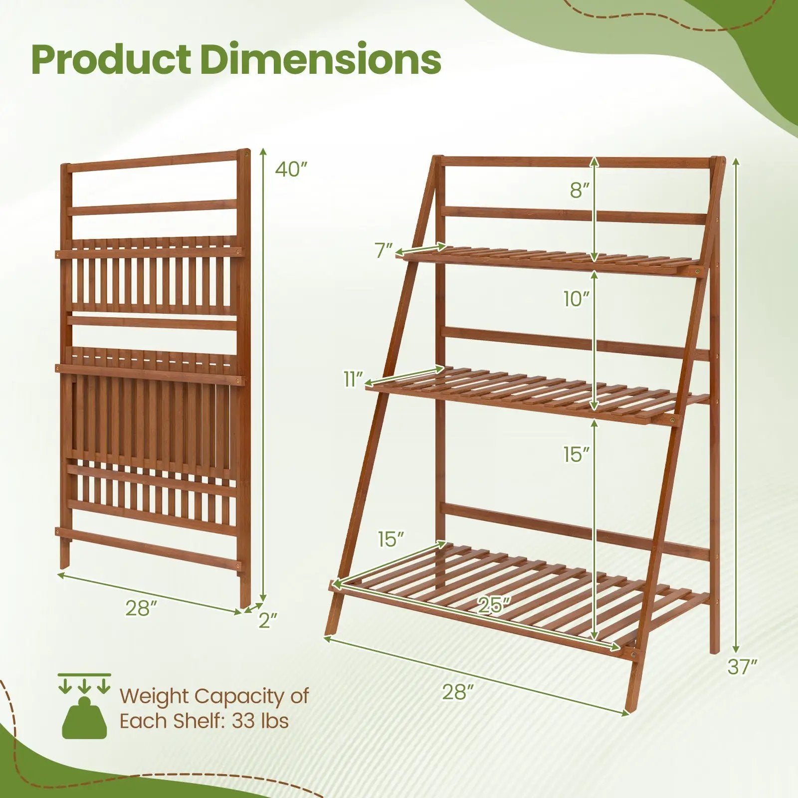 3-Tier Bamboo Ladder Shelf Foldable Plant Flower Bookshelf-Brown by DirectDeals