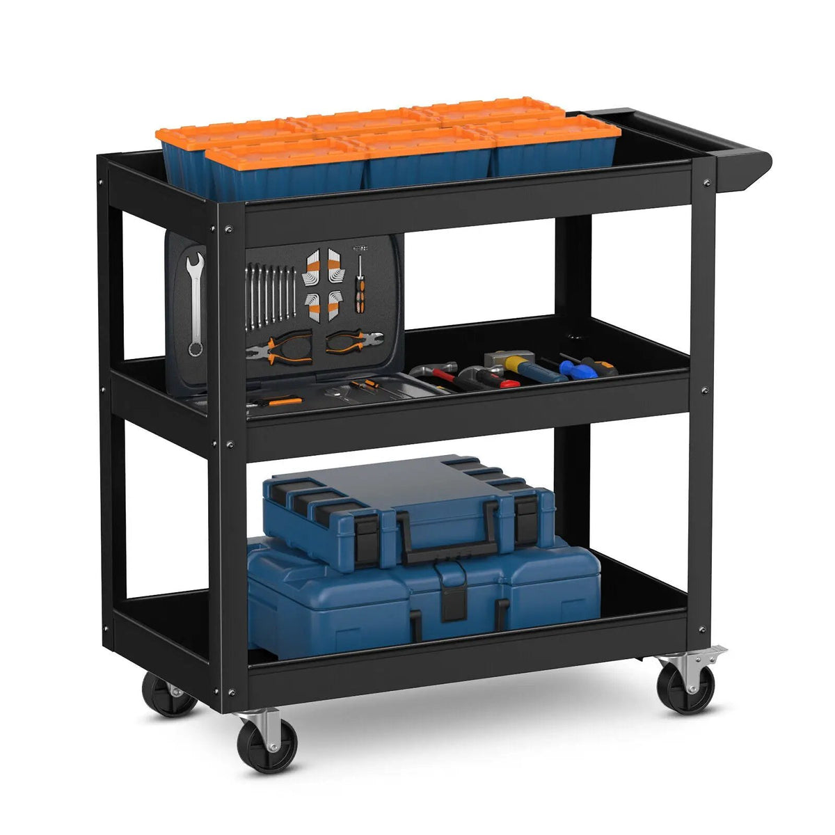 3-Tier Metal Utility Cart Trolley Tool with Flat Handle and 2 Lockable Universal Wheels by DirectDeals