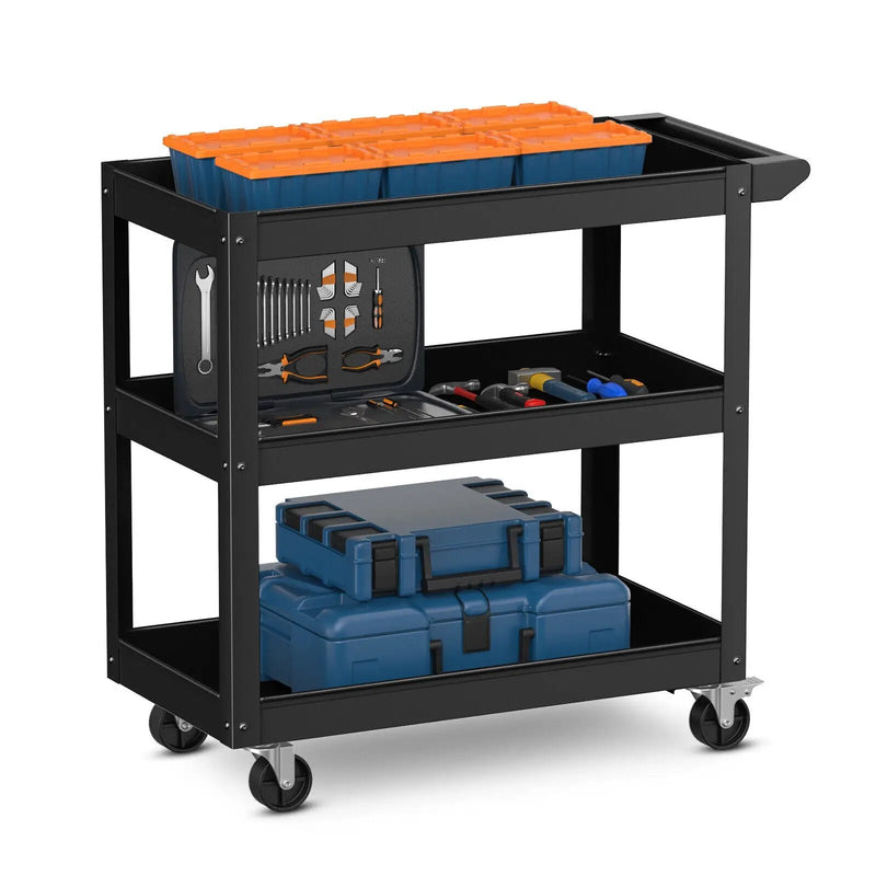 3-Tier Metal Utility Cart Trolley Tool with Flat Handle and 2 Lockable Universal Wheels by DirectDeals