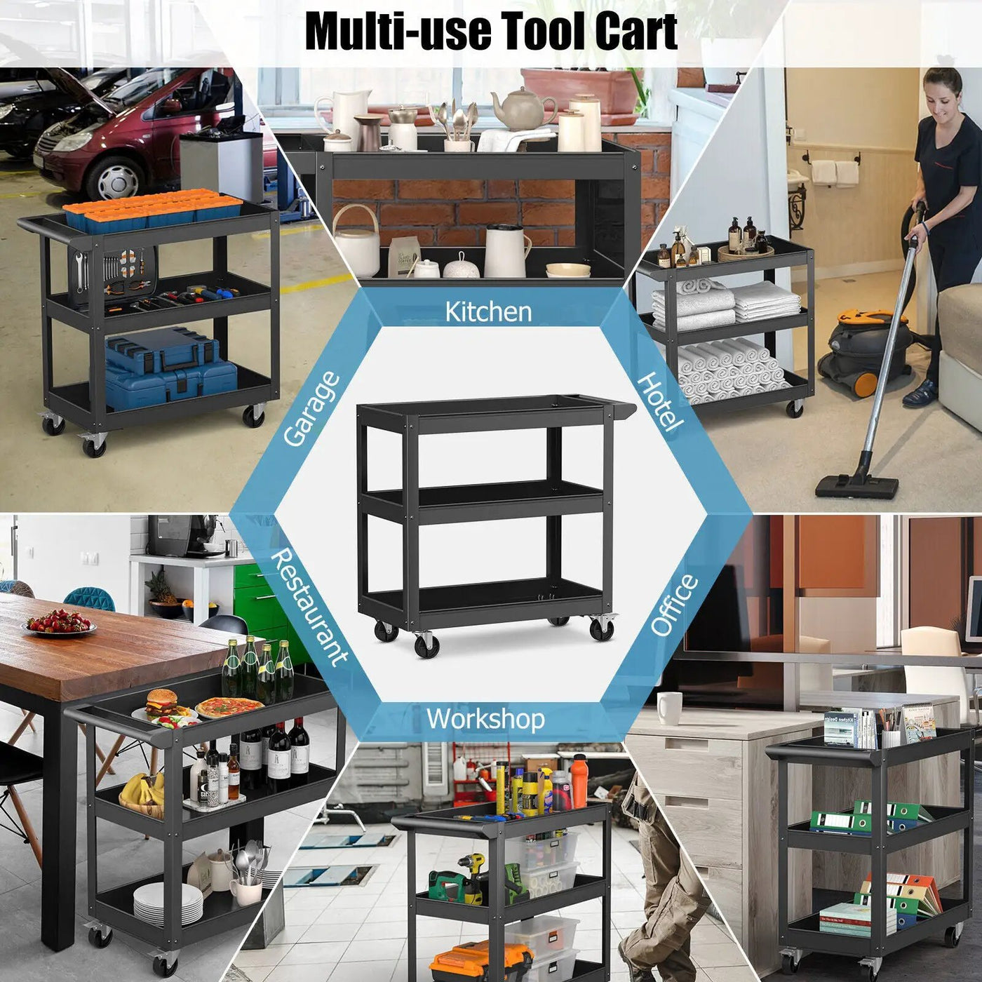 3-Tier Metal Utility Cart Trolley Tool with Flat Handle and 2 Lockable Universal Wheels by DirectDeals