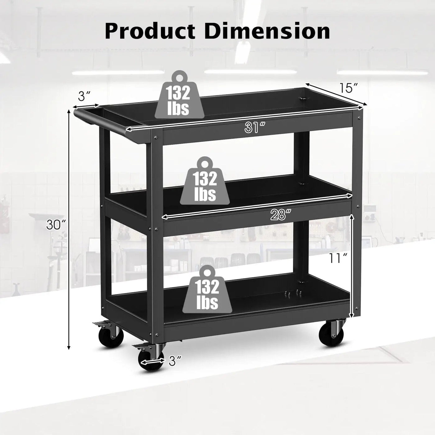 3-Tier Metal Utility Cart Trolley Tool with Flat Handle and 2 Lockable Universal Wheels by DirectDeals