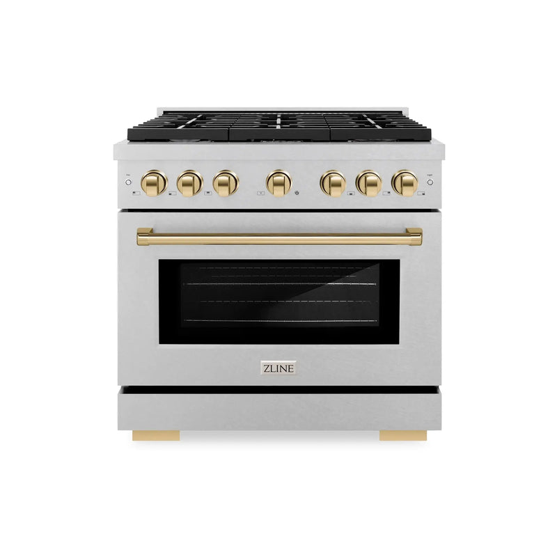 ZLINE 36"Paramount Dual Fuel Range DuraSnow® Gold SDRSZ-36-G by Farmhouse Kitchen and Bath
