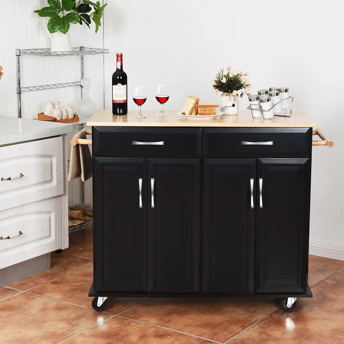 Wood Top Rolling Kitchen Trolley Island Cart Storage Cabinet by DirectDeals