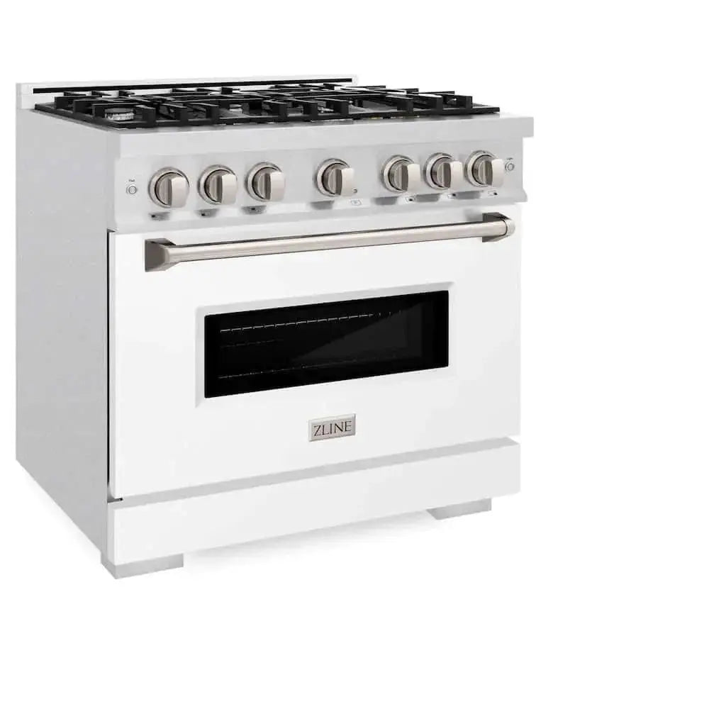 ZLINE 36"Classic Gas Range, Convection Gas Oven, DuraSnow® Stainless Steel, White Matte Door CGRS-WM-36 by Farmhouse Kitchen and Bath