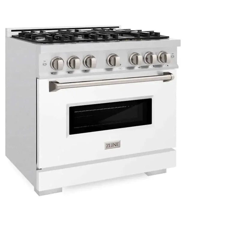 ZLINE 36"Classic Gas Range, Convection Gas Oven, DuraSnow® Stainless Steel, White Matte Door CGRS-WM-36 by Farmhouse Kitchen and Bath