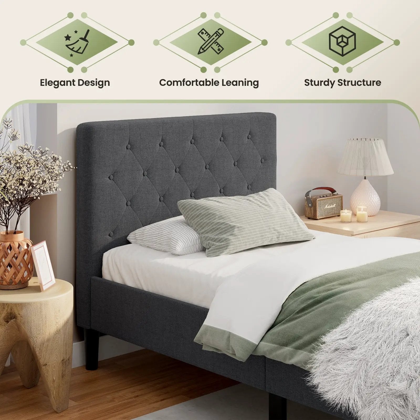Upholstered Bed Base with Button Stitched Headboard by DirectDeals