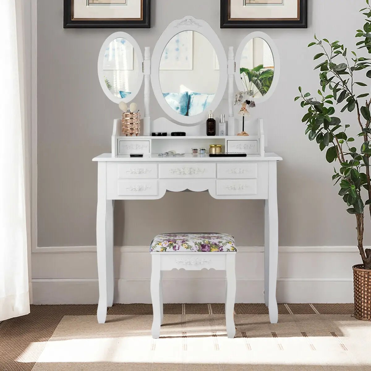 7 Drawer Tri-Folding Mirror Dressing Vanity Makeup Set by DirectDeals