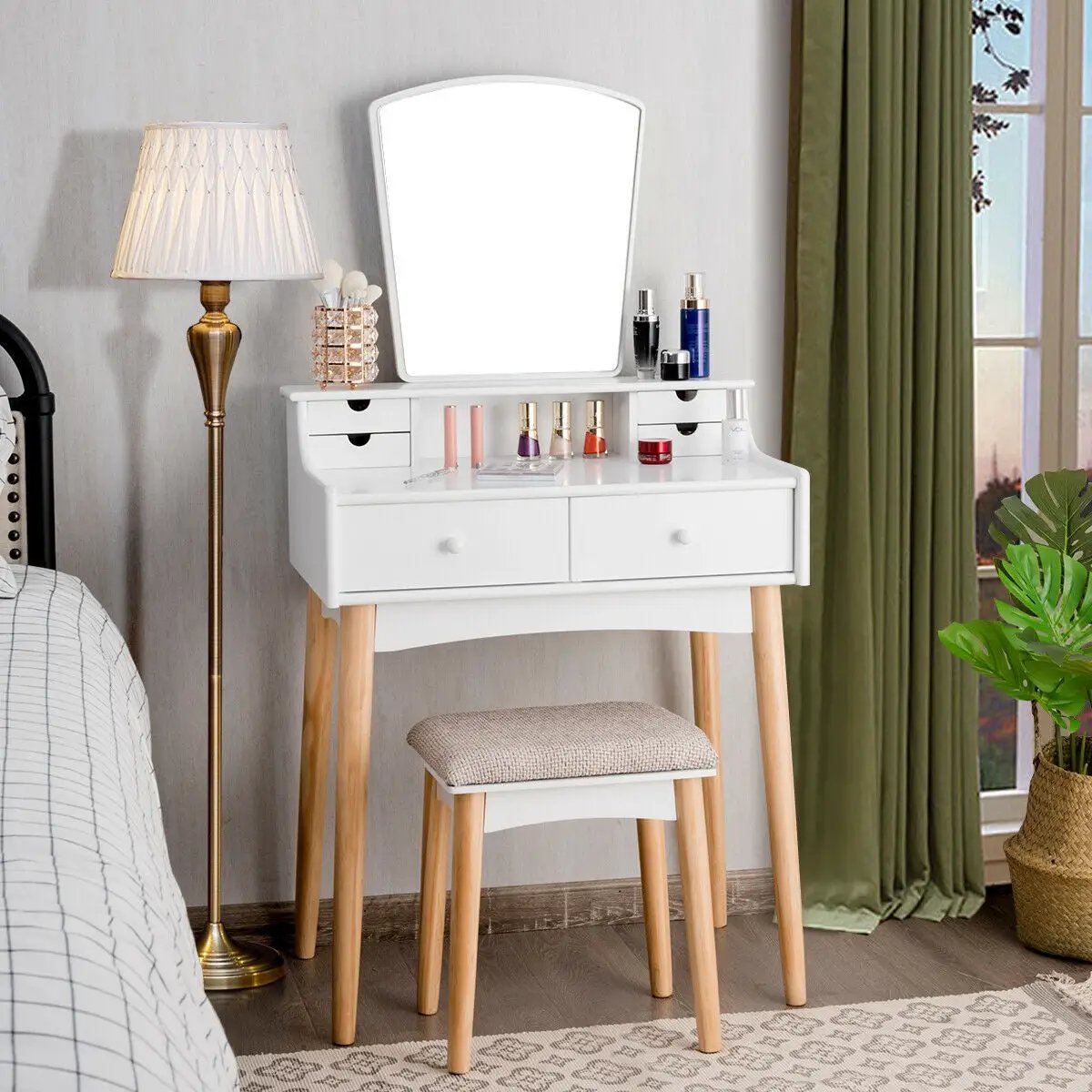Makeup Vanity Set with 6 Drawers and Unique Shape Mirror by DirectDeals