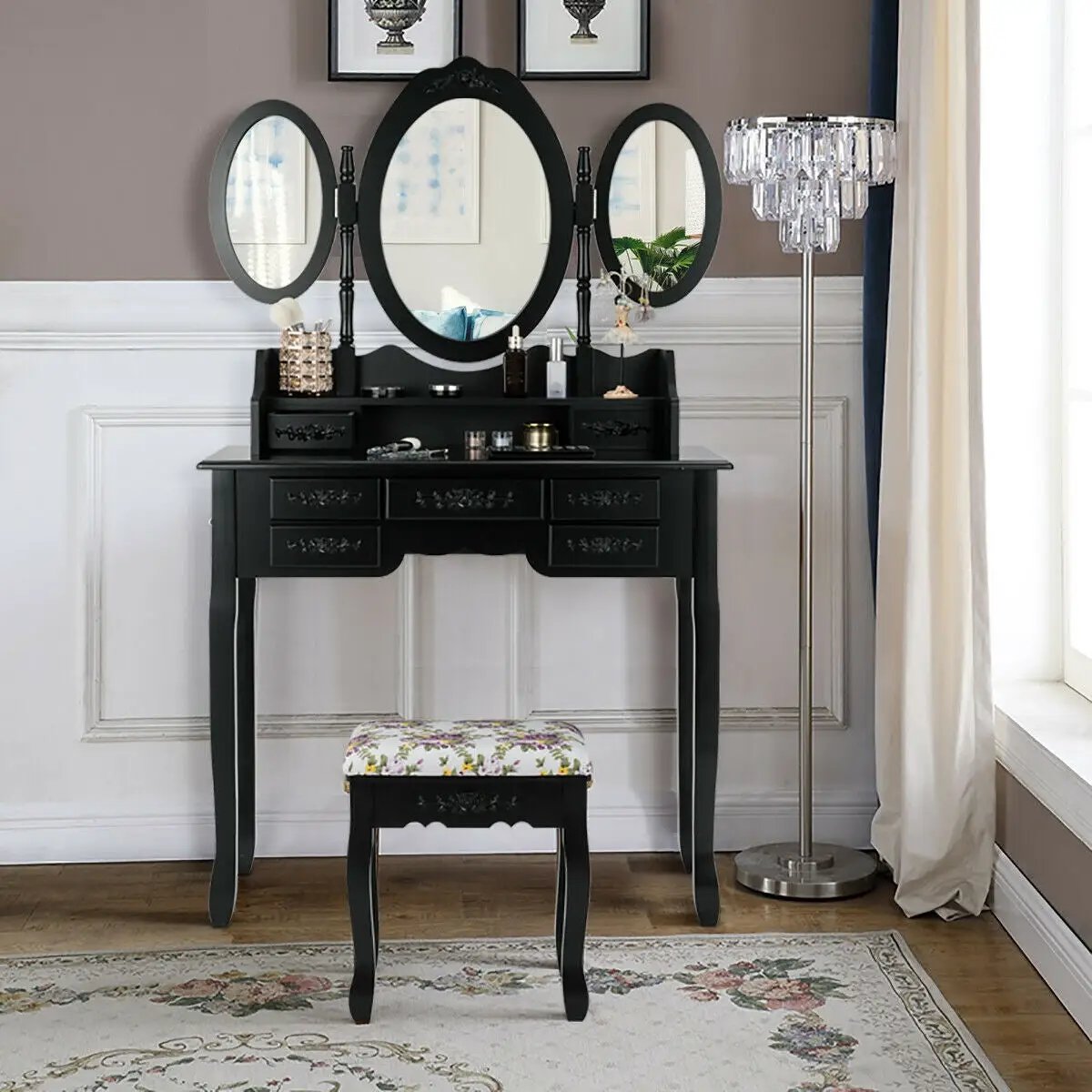 7 Drawer Tri-Folding Mirror Dressing Vanity Makeup Set by DirectDeals
