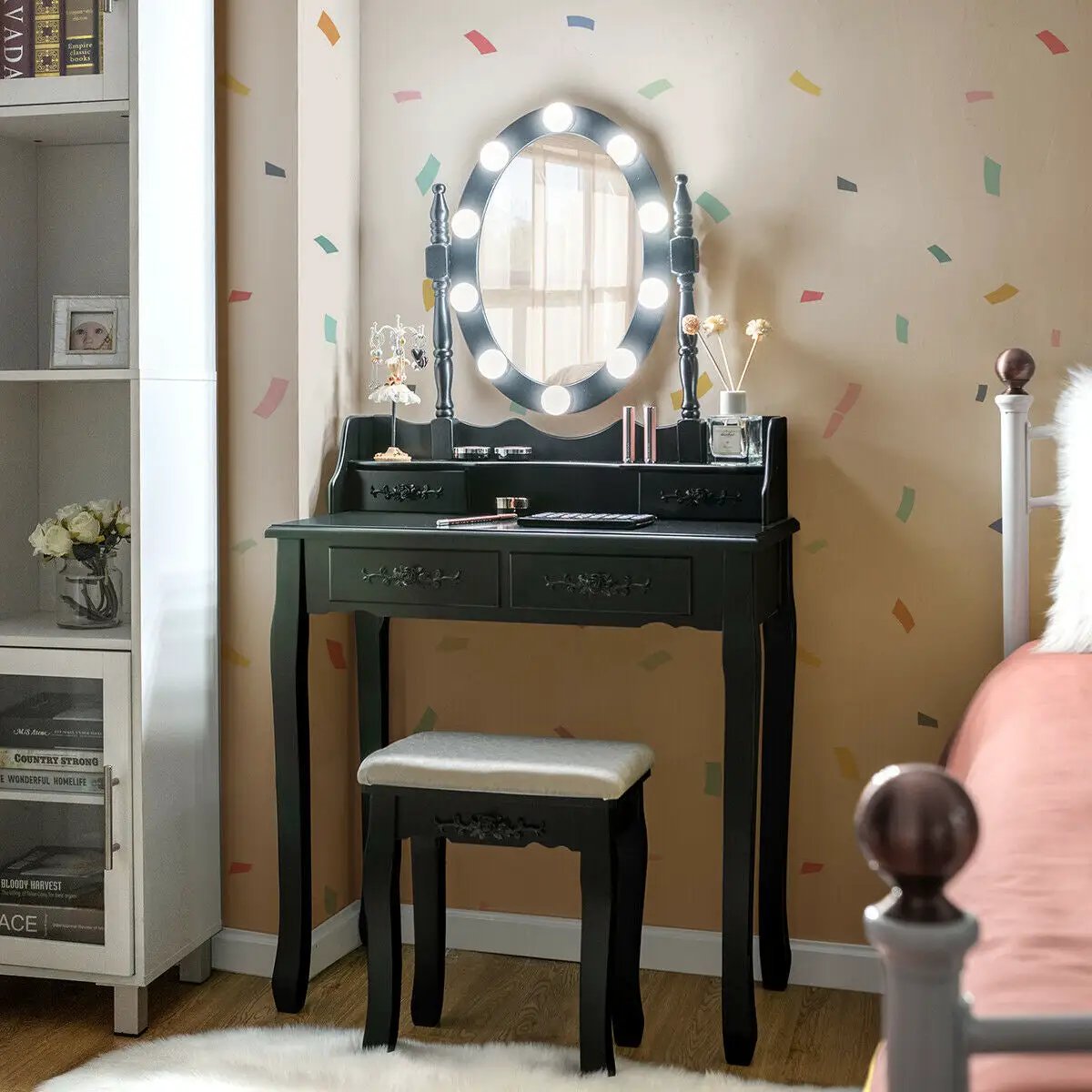 Makeup Dressing Table with Touch Switch Lighted Mirror and Cushioned Stool by DirectDeals
