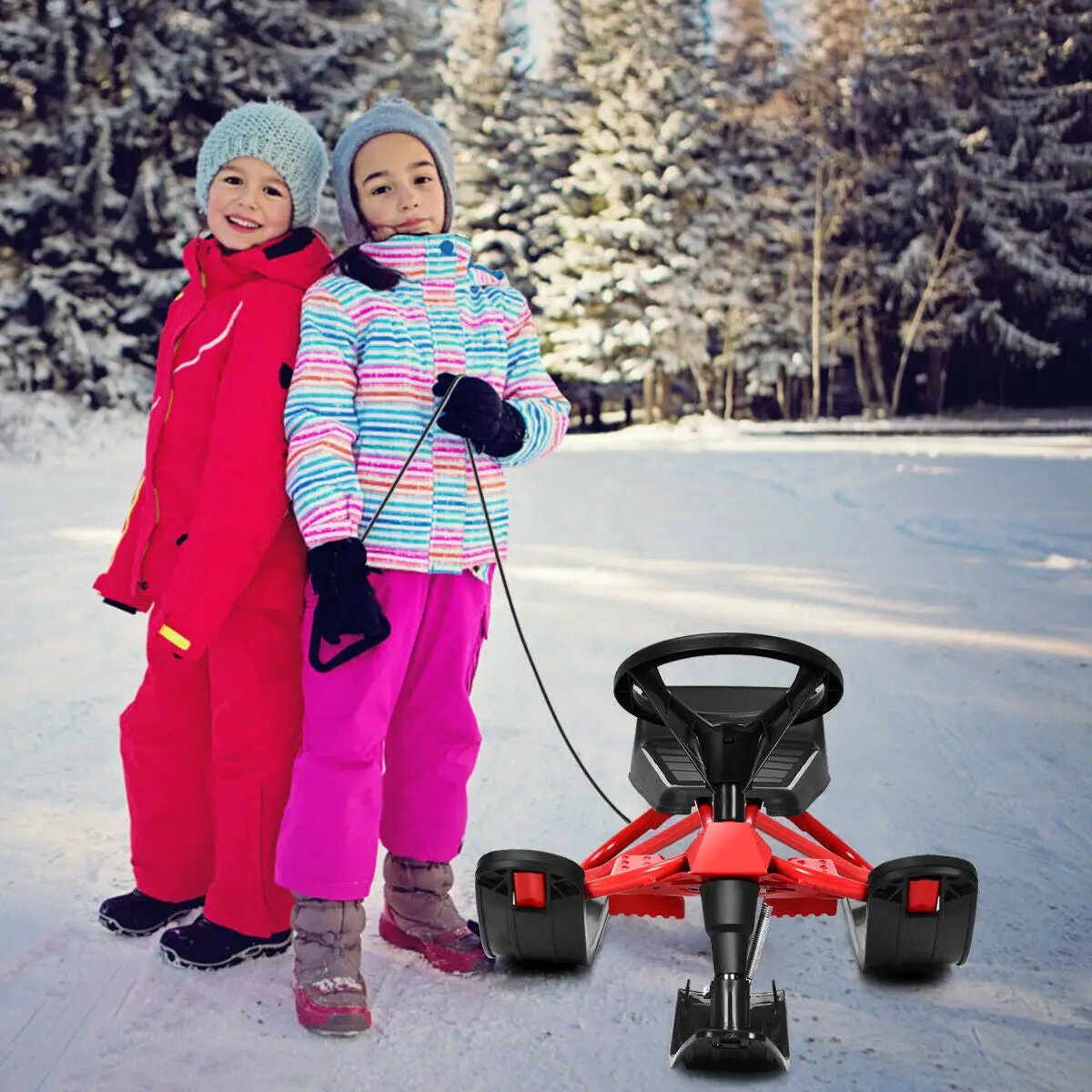 55.5 x 23.5 Inch Snow Sled with Steering Wheel and Double Brakes Pull Rope Slider by DirectDeals