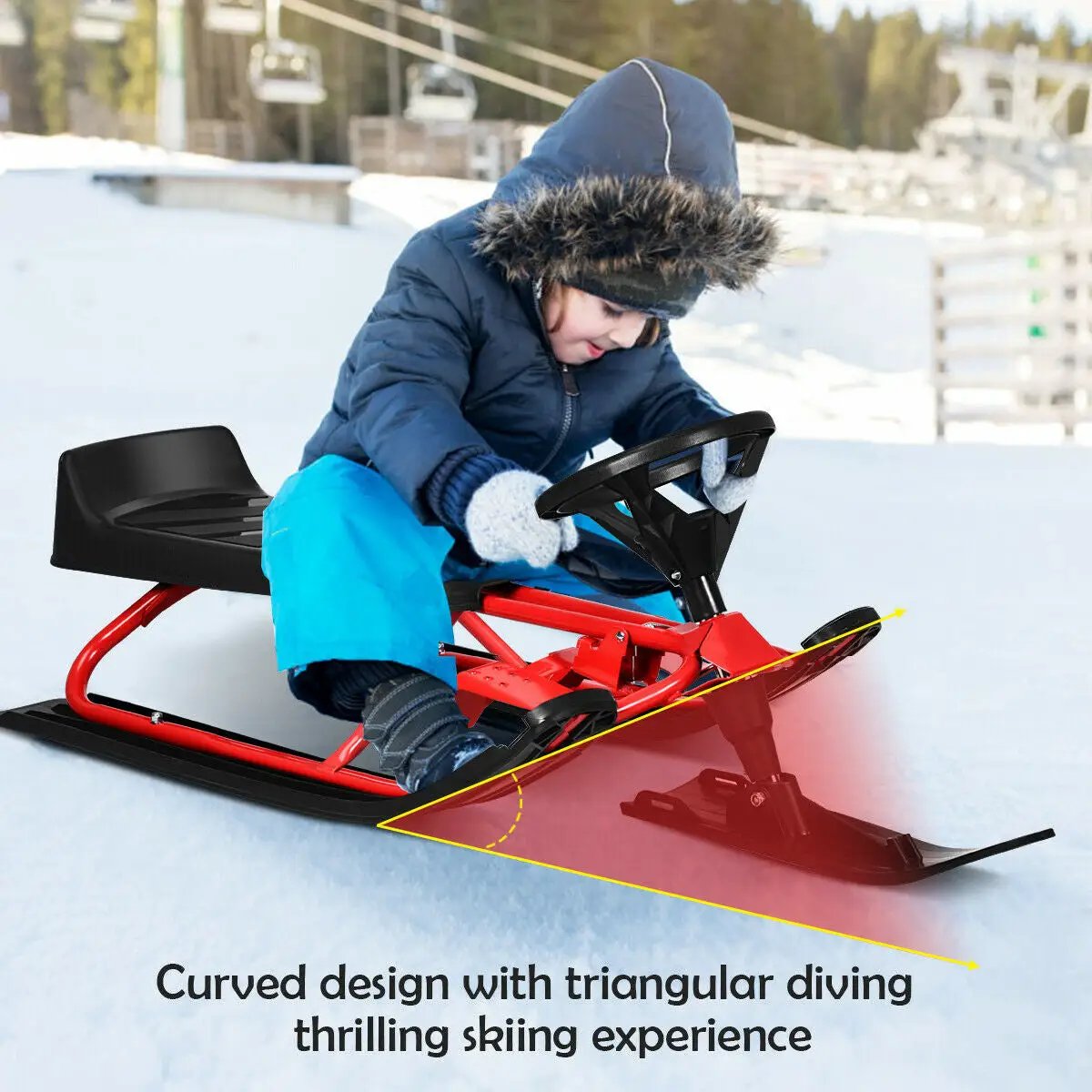 Kids Snow Sled with Steering Wheel and Double Brakes Pull Rope by DirectDeals