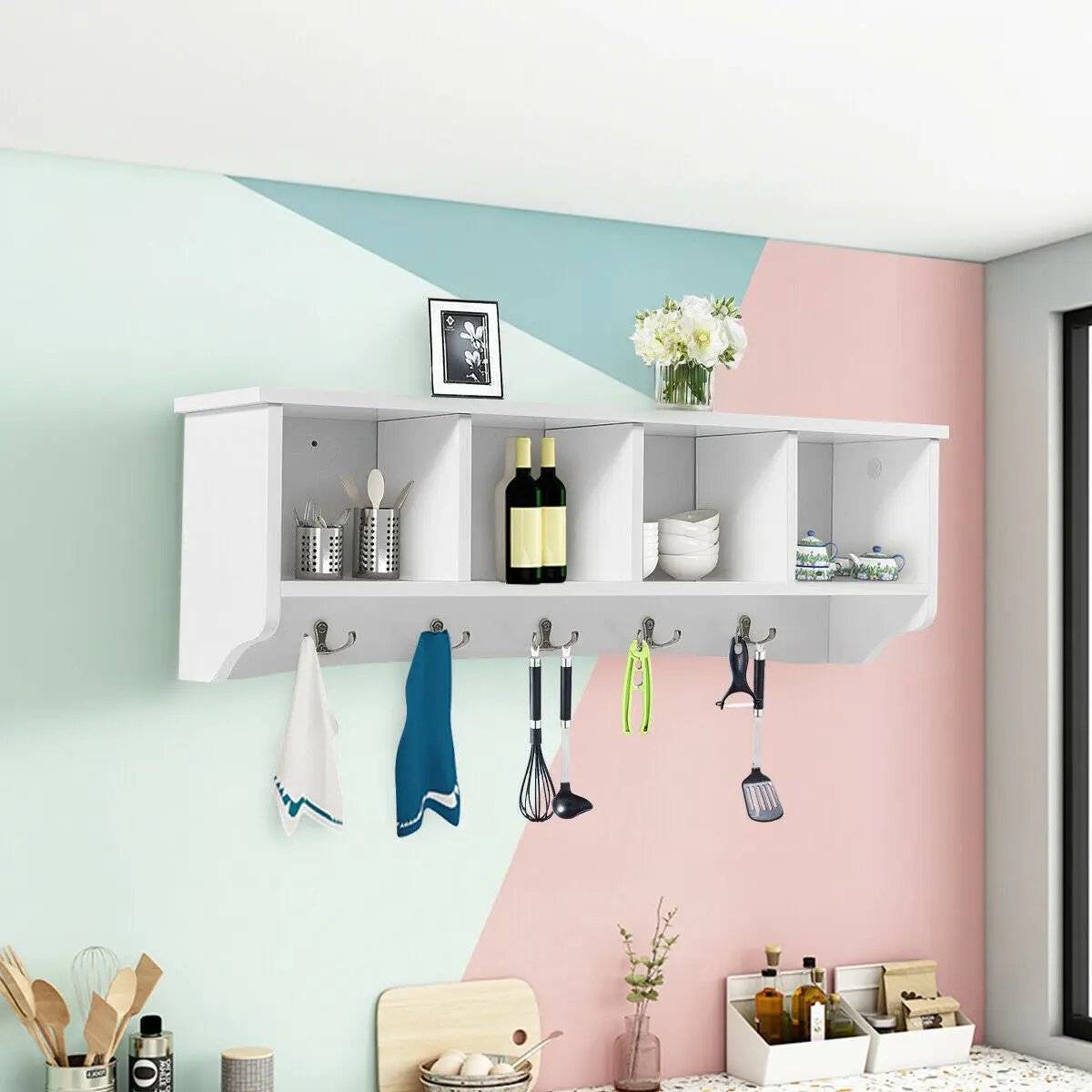Wall-Mounted Storage Cabinet Hanging Entryway Shelf Coat Rack by DirectDeals