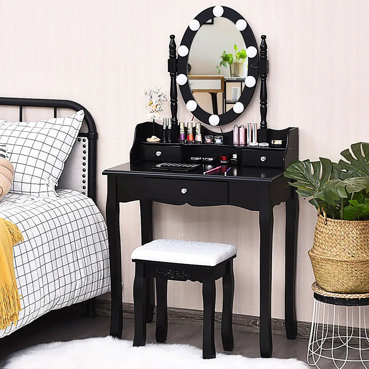 Oval Mirror Vanity Set with 10 LED Dimmable Bulbs and 3 Drawers by DirectDeals
