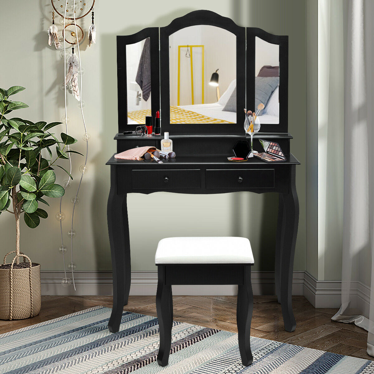 4 Drawers Wood Mirrored Vanity Dressing Table with Stool by DirectDeals