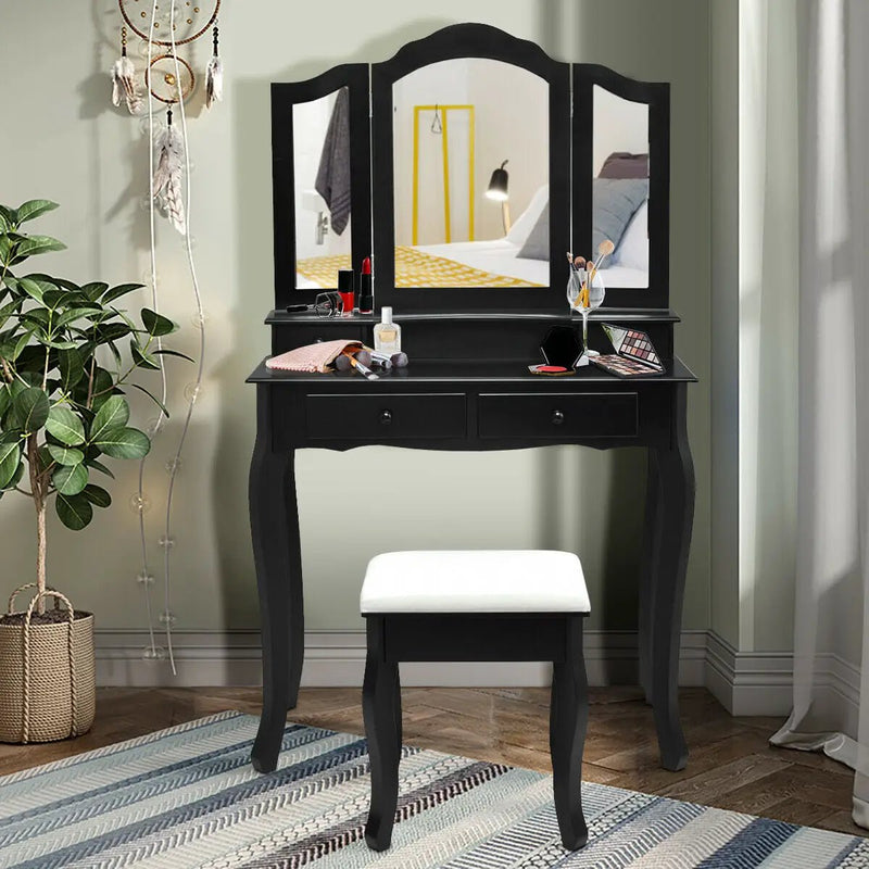 4 Drawers Wood Mirrored Vanity Dressing Table with Stool by DirectDeals