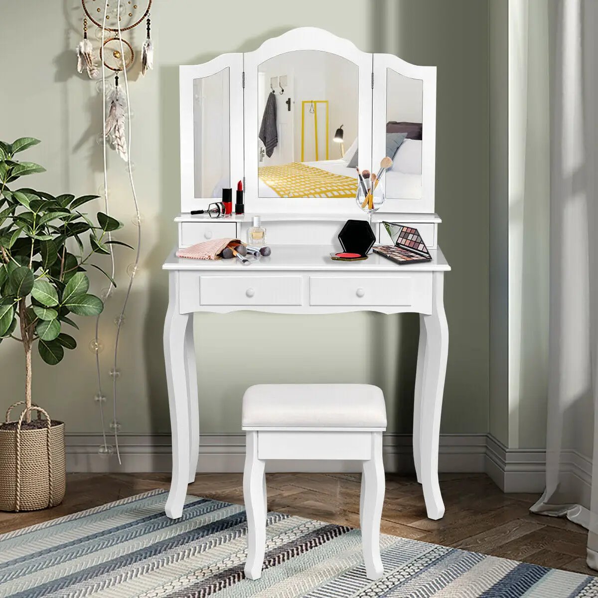 4 Drawers Wood Mirrored Vanity Dressing Table with Stool by DirectDeals