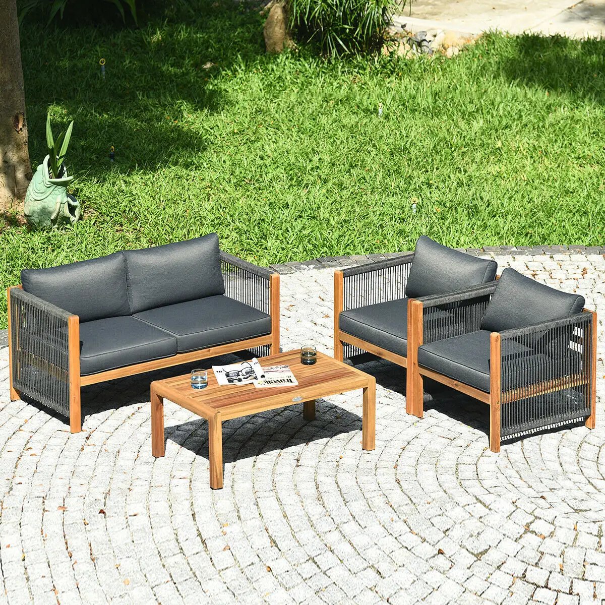 4 Pieces Acacia Wood Outdoor Patio Furniture Set with Cushions by DirectDeals