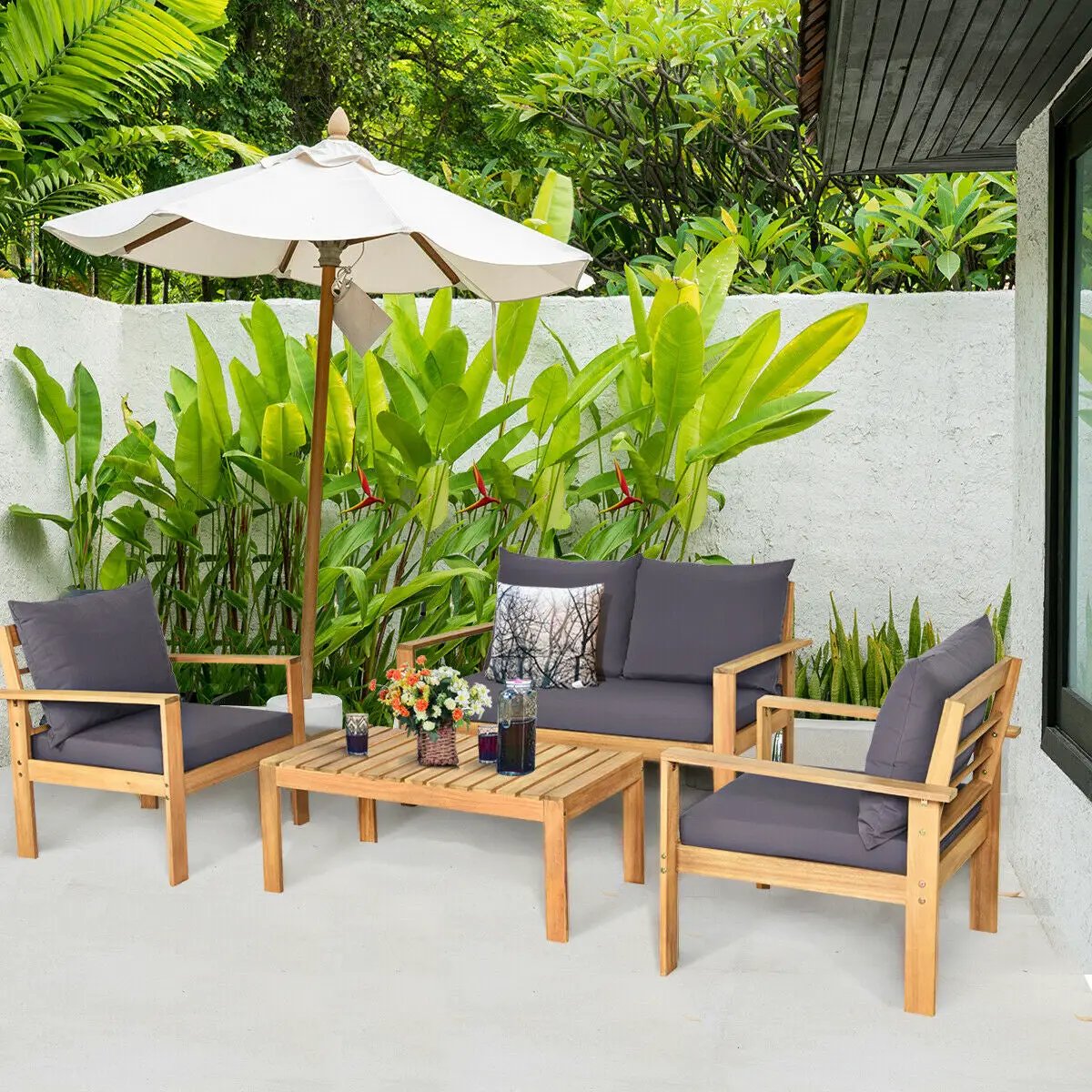 Outdoor 4 Pieces Acacia Wood Chat Set with Water Resistant Cushions by DirectDeals