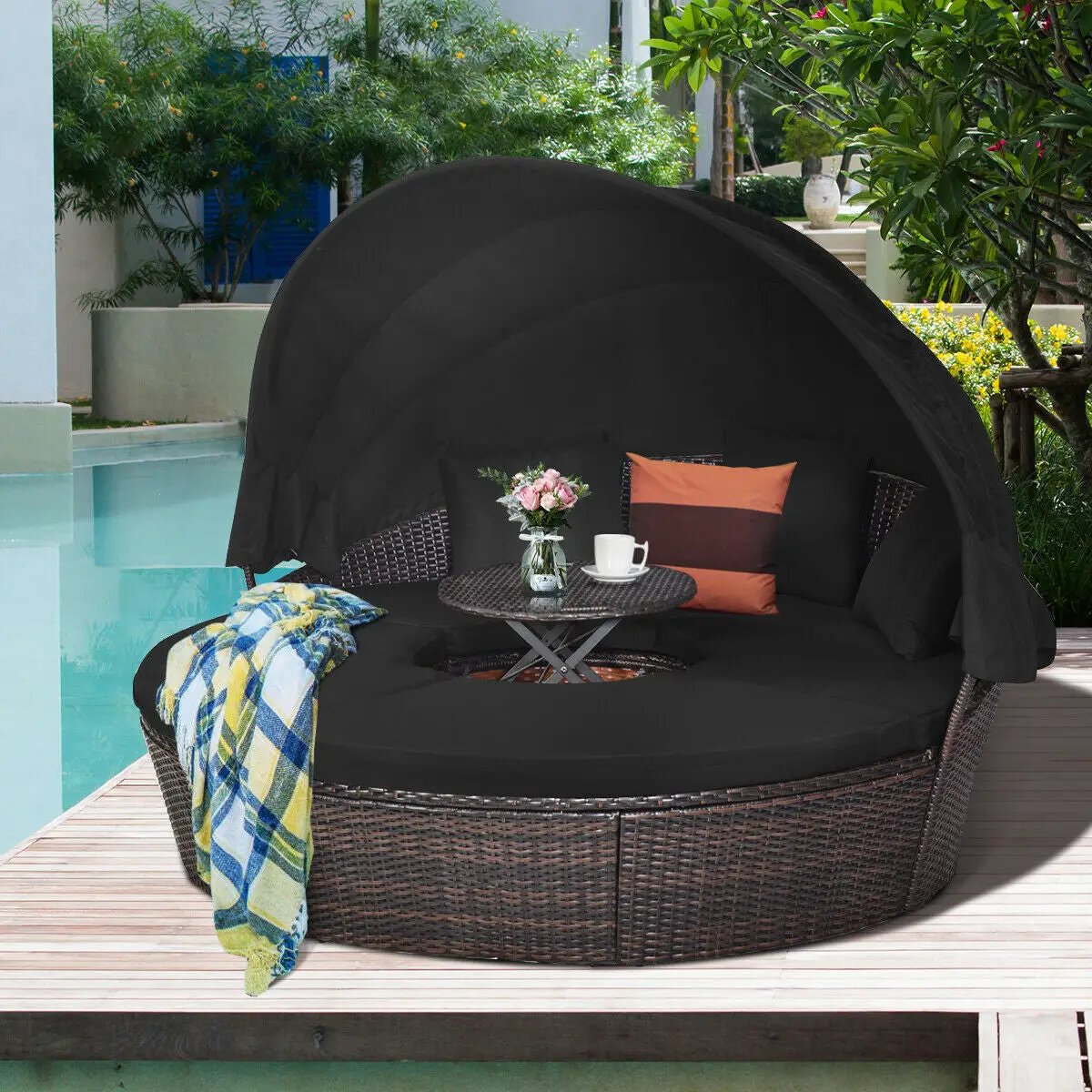 Patio Round Daybed Rattan Furniture Sets with Canopy by DirectDeals
