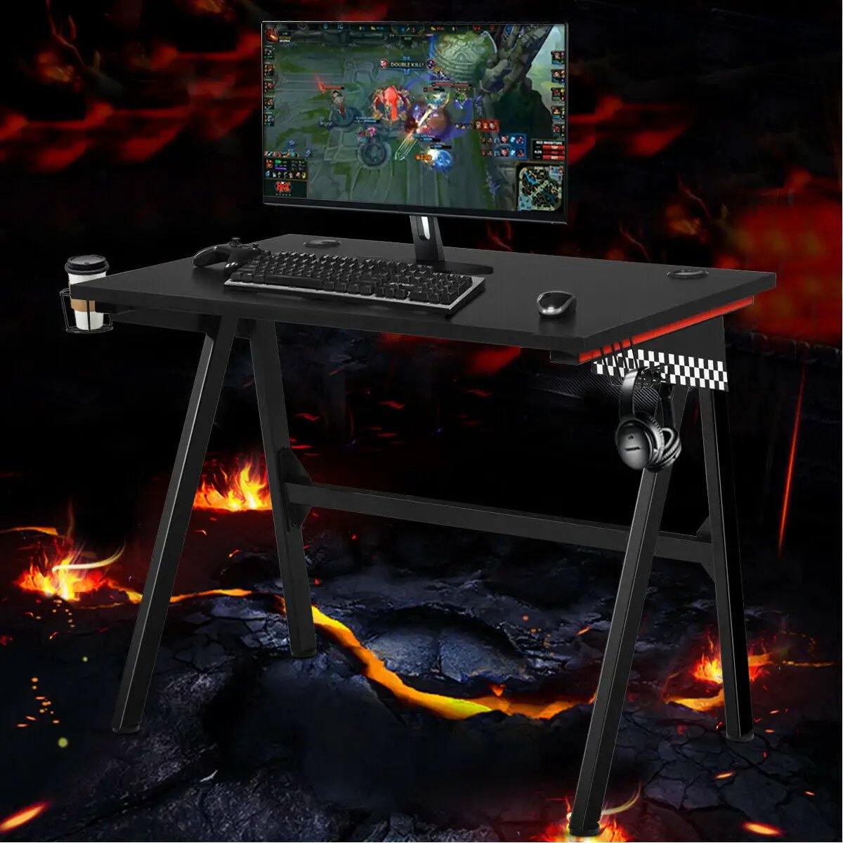 Ergonomic Computer Gaming Desk with Cup Holder and Headphone Hook by DirectDeals