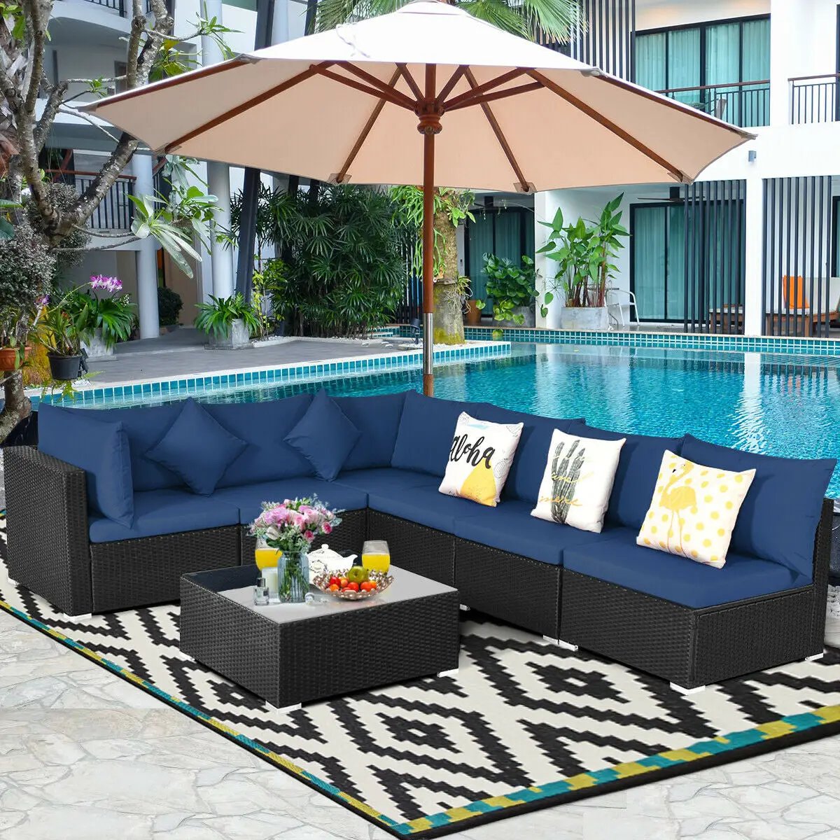 7 Pieces Sectional Wicker Furniture Sofa Set with Tempered Glass Top-Red by DirectDeals
