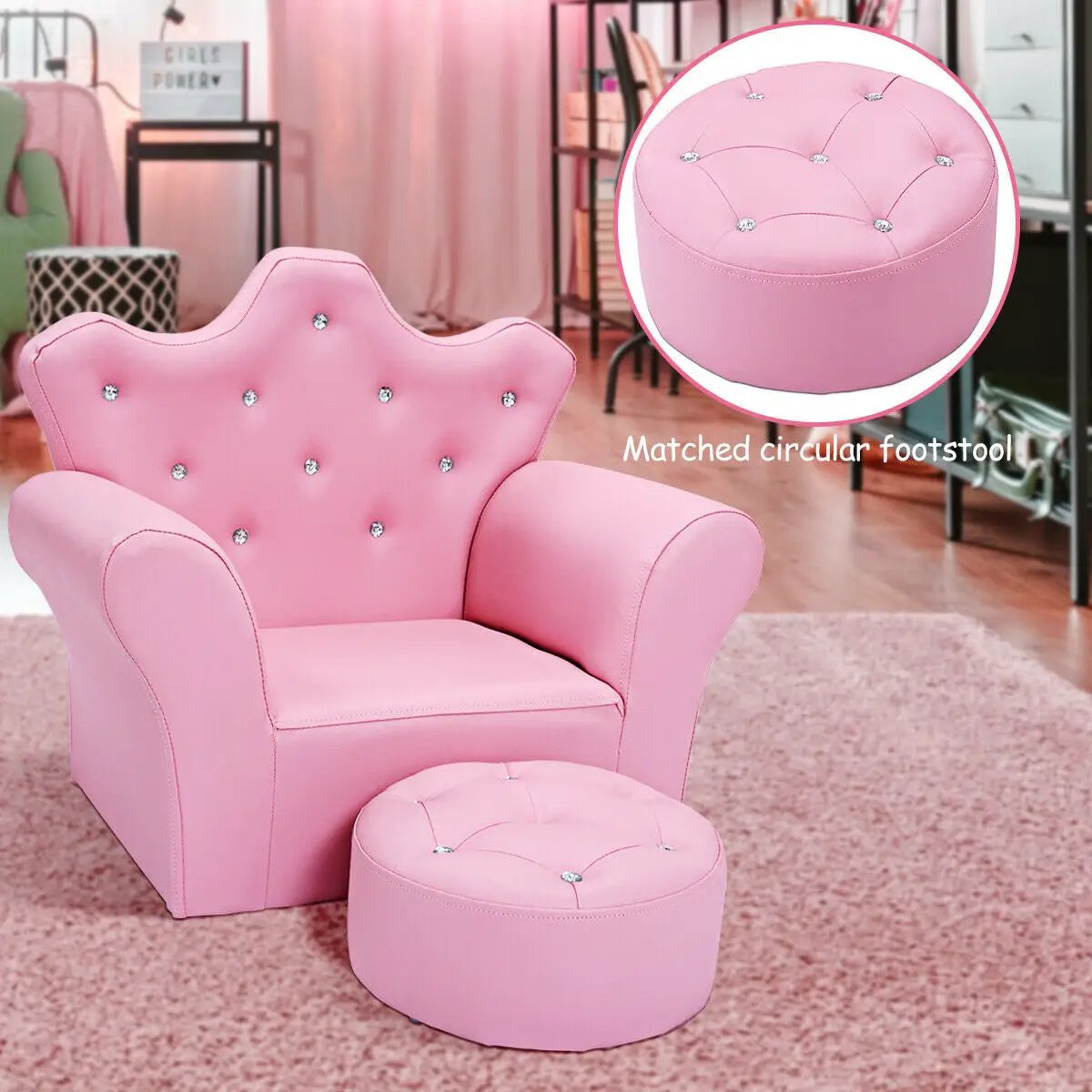 Children Upholstered Princess Sofa with Ottoman and Diamond Decoration for Boys and Girls by DirectDeals