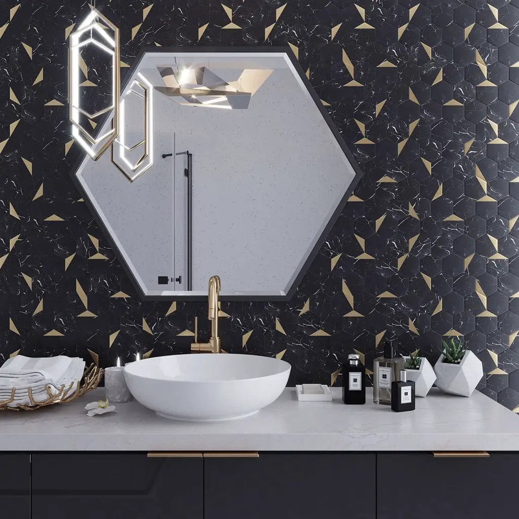 Black Gold 12x12 Honed Hexagon PVC Peel & Stick Tile (10 pack, 8.3 sq ft/case) by Apollo Tile