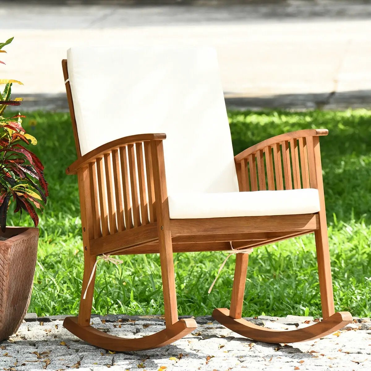 Outdoor Acacia Wood Rocking Chair with Detachable Washable Cushions by DirectDeals