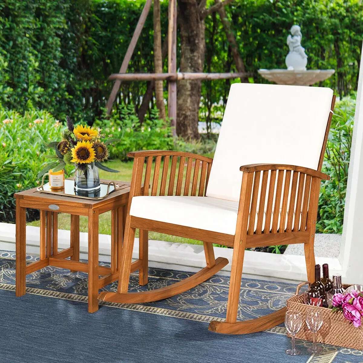 2 Pieces Acacia Wood Patio Rocking Chair Table Set by DirectDeals
