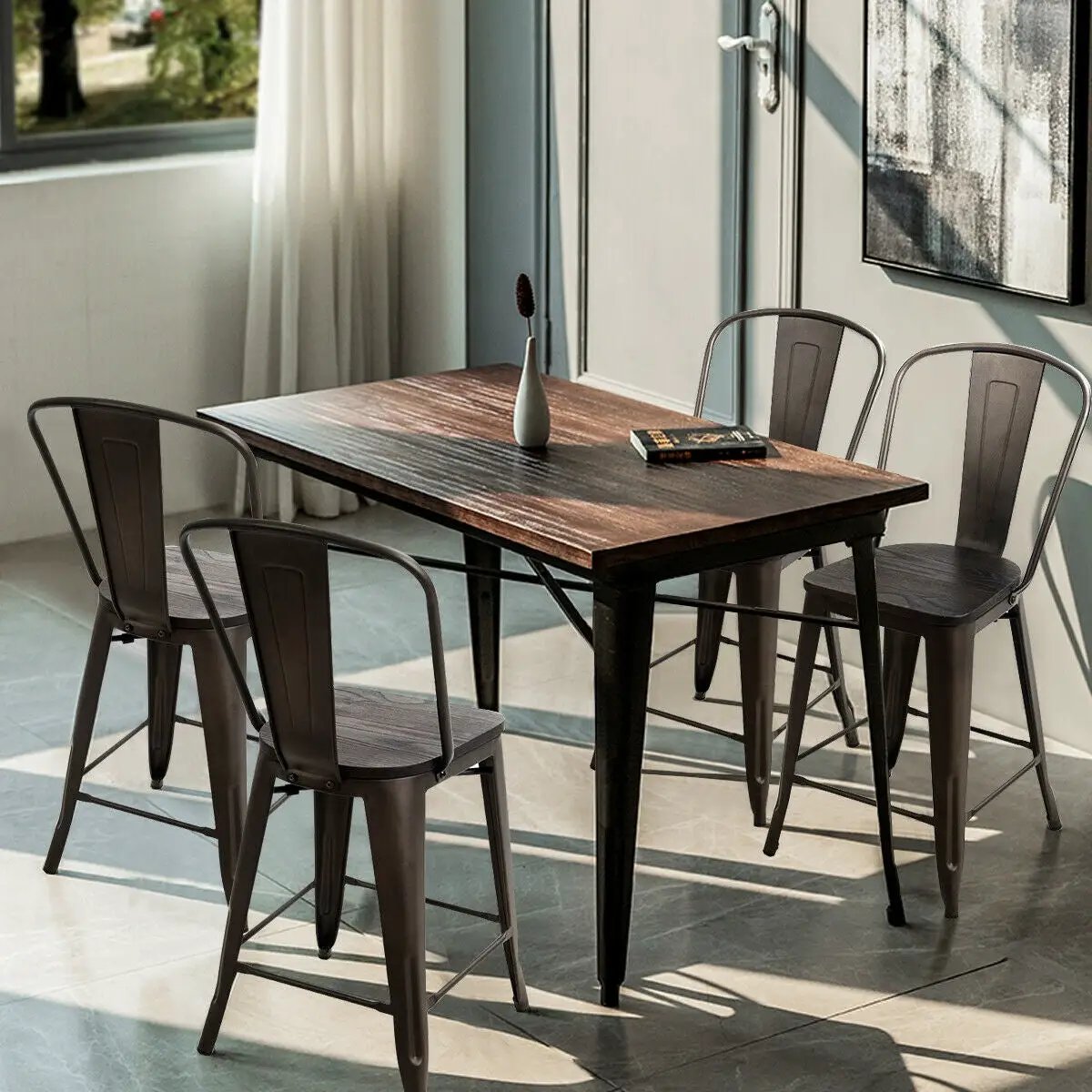 Set of 4 Industrial Metal Counter Stool Dining Chairs with Removable Backrests by DirectDeals