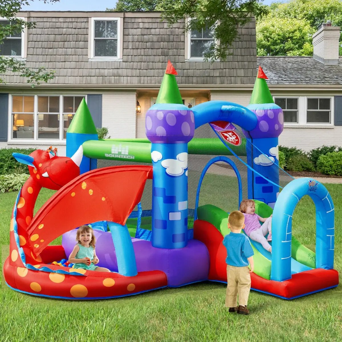 Kids Inflatable Bounce House Dragon Jumping Slide Bouncer Castle with 740W Blower by DirectDeals