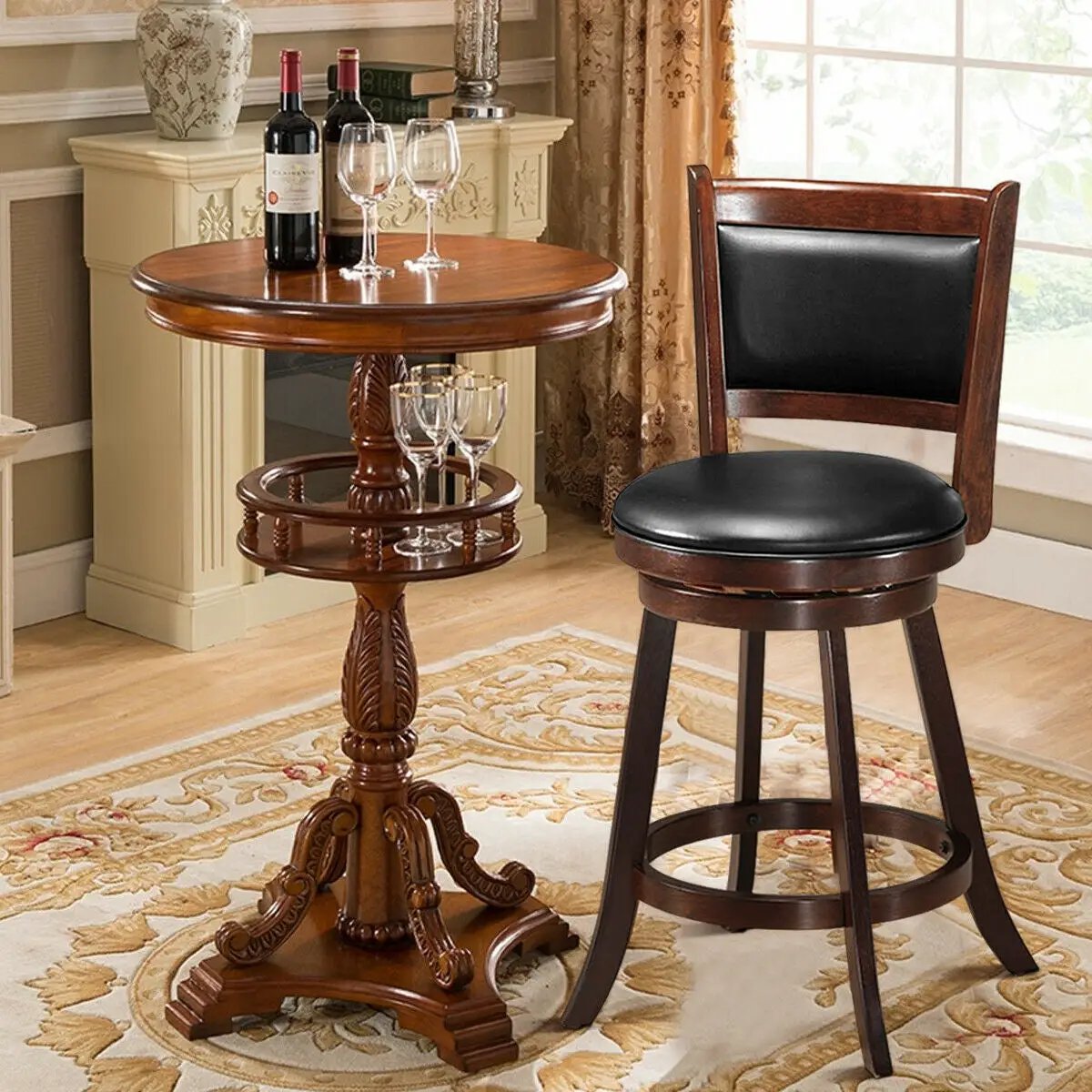 29 Inch Swivel Bar Height Stool Wooden Upholstered Dining Chair by DirectDeals