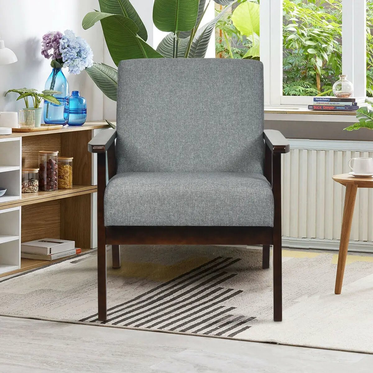 Solid Rubber Wood Fabric Accent Armchair by DirectDeals